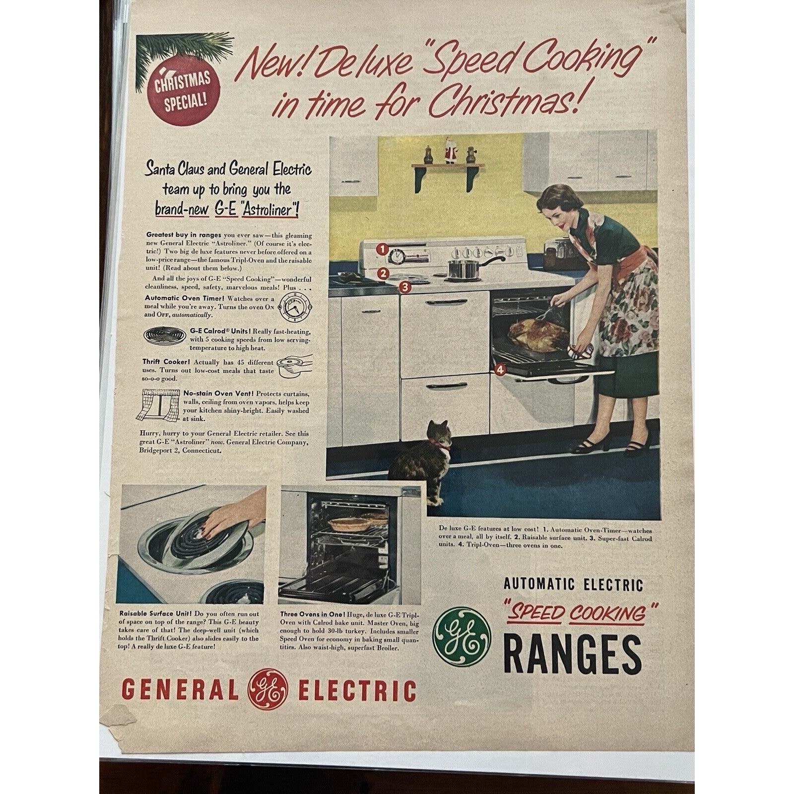 Vtg 1950s GE Automatic Electric Range Astroliner Oven Print Ad Retro Kitchen Cat Vtg 1950s GE Automatic Electric Range Astroliner Oven Print Ad Retro Kitchen Cat