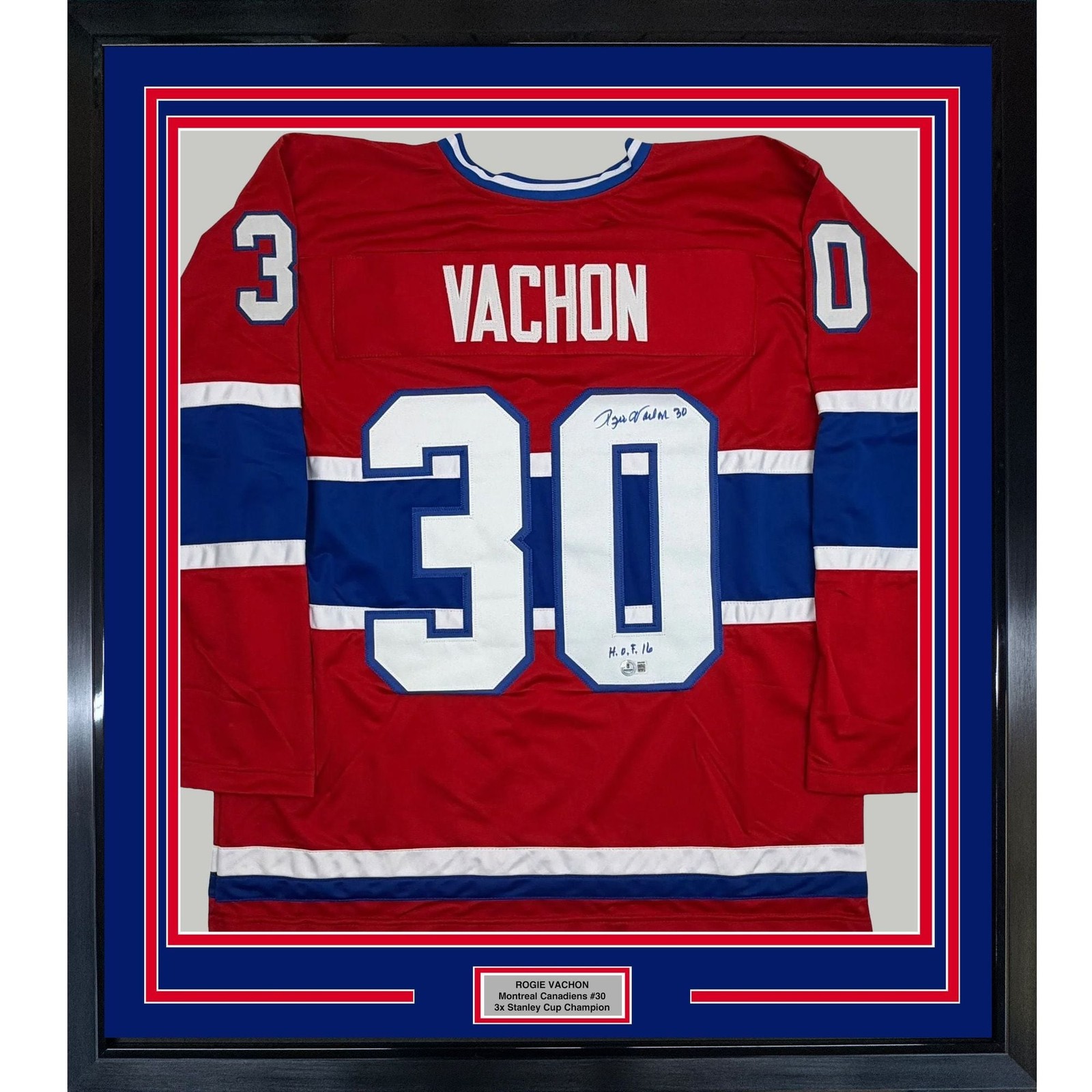 Framed Autographed/Signed Rogie Vachon 35x39 Montreal Red Jersey BAS COA