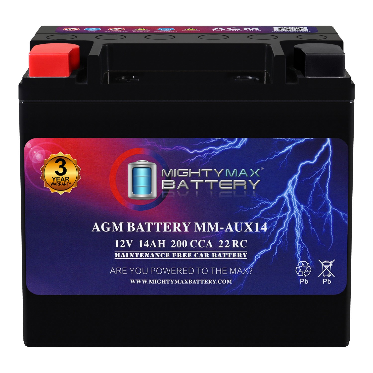 Mighty Max MM-AUX14 Auxiliary Battery 12V 14Ah, 22RC, 200 CCA AGM Car Battery