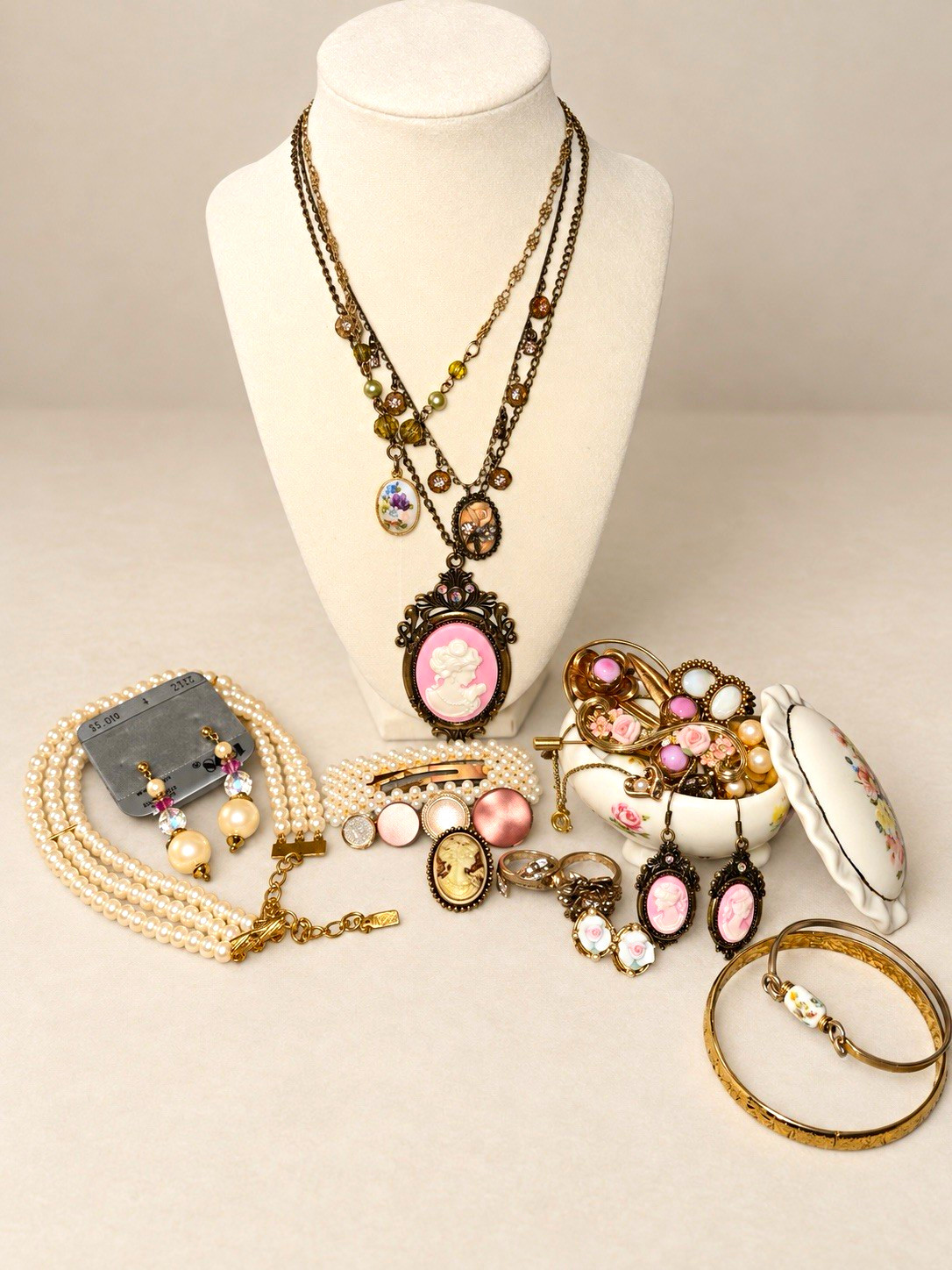 Vintage Cameo & Pearl Jewelry Lot | 1928 + Avon | Romantic Gold Tone