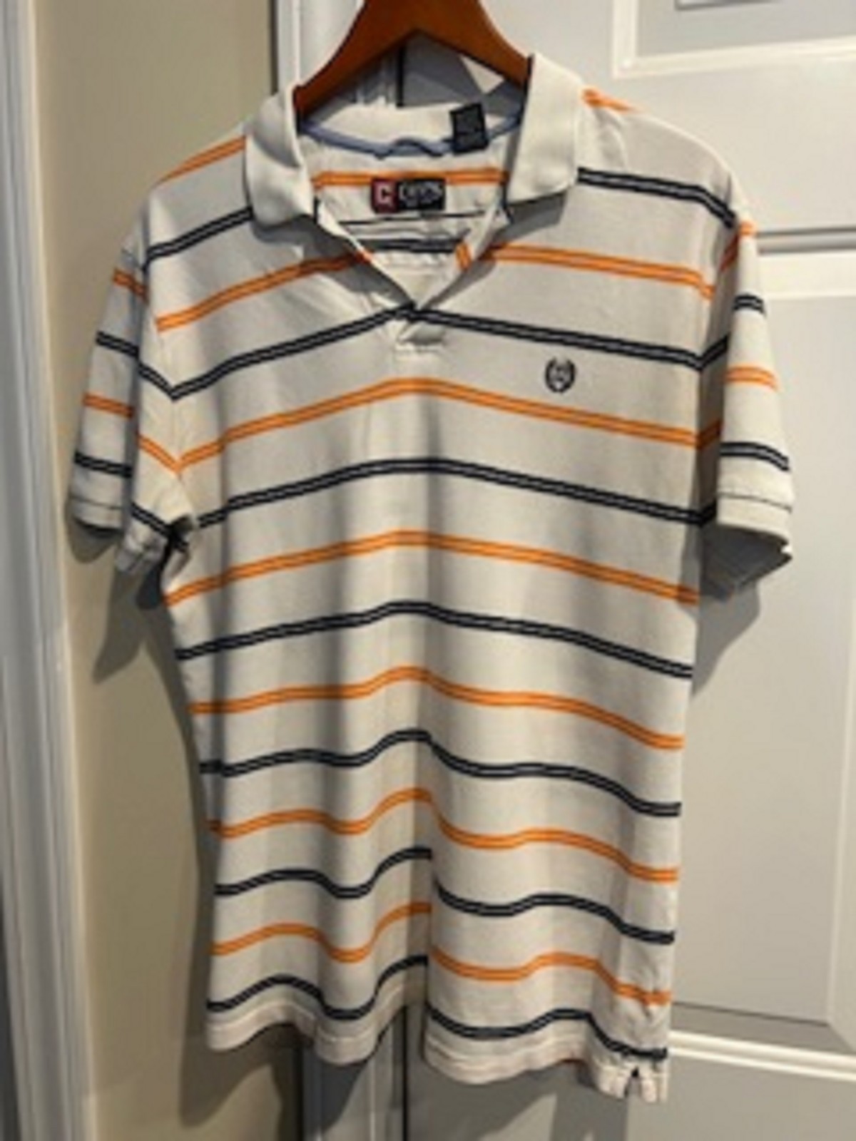 Men\'s Shirt Chaps Short Sleeve White Orange Navy Blue Size L Machine Washable Men\'s Shirt Chaps Short Sleeve White Orange Navy Blue Size L Machine Washable