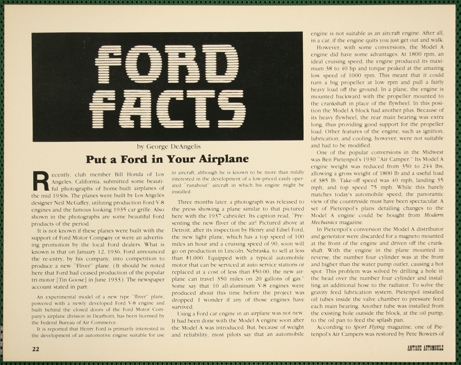 McGaffey Airplanes with Ford V8 Engines LA CA Vintage Pictorial Article 1988