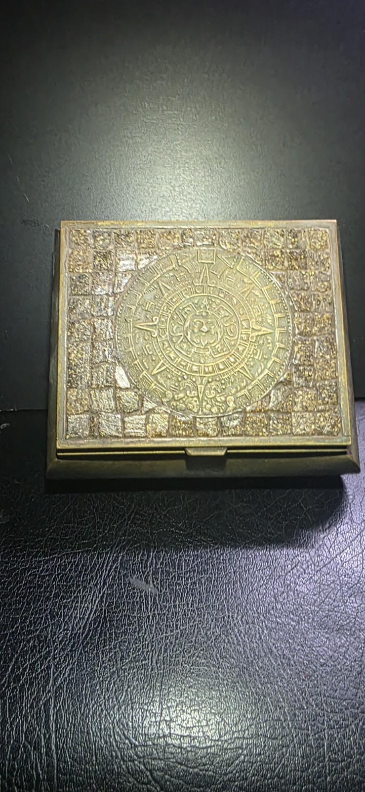 Vintage Mid-Century Mexican Brass Mosaic Trinket Box Aztec Calendar 4.5 Vintage Mid-Century Mexican Brass Mosaic Trinket Box Aztec Calendar 4.5