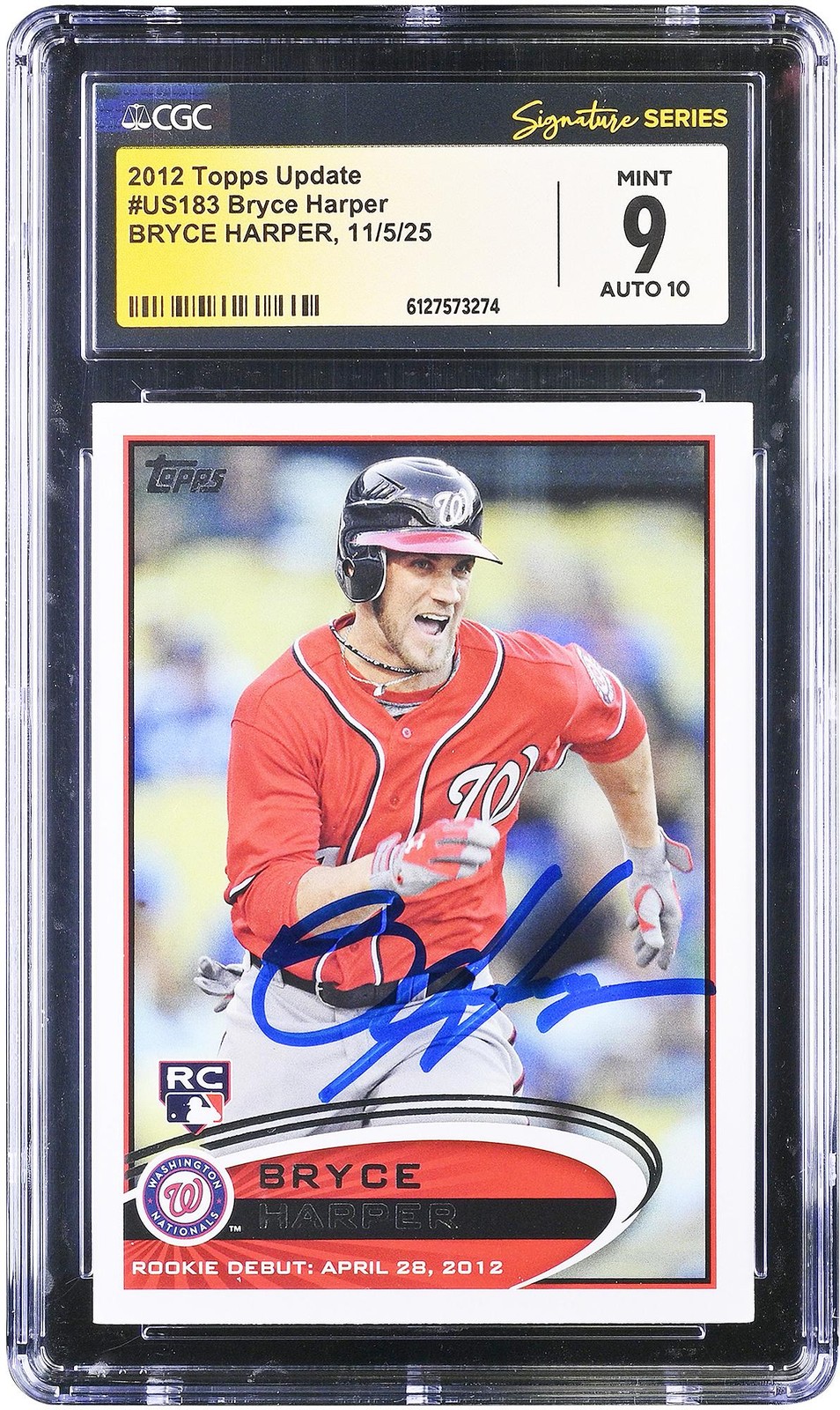 Bryce Harper Nationals Autographed 2012 Topps Update #US183 CGC 9/10 Rookie Card