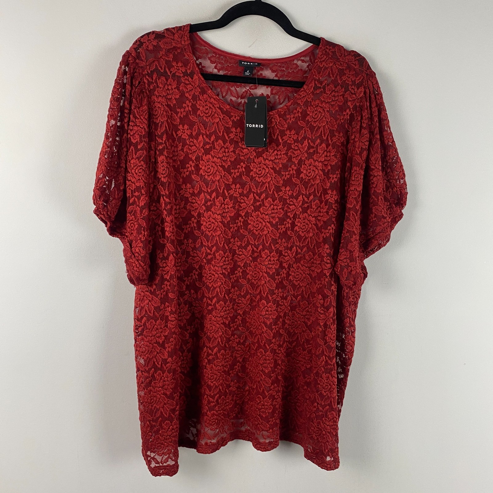 Torrid Red Floral Lace Puff Sleeve T Shirt Size 4X Short Sleeve