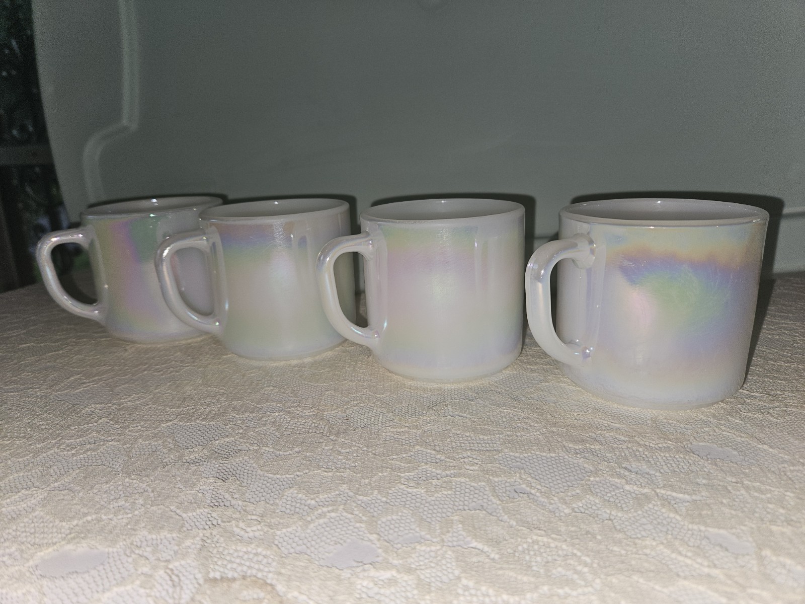 Vtg Federal Iridescent Milk Glass (2 Mugs) Cups F Shield USA Stacking Moonglow Vtg Federal Iridescent Milk Glass (2 Mugs) Cups F Shield USA Stacking Moonglow