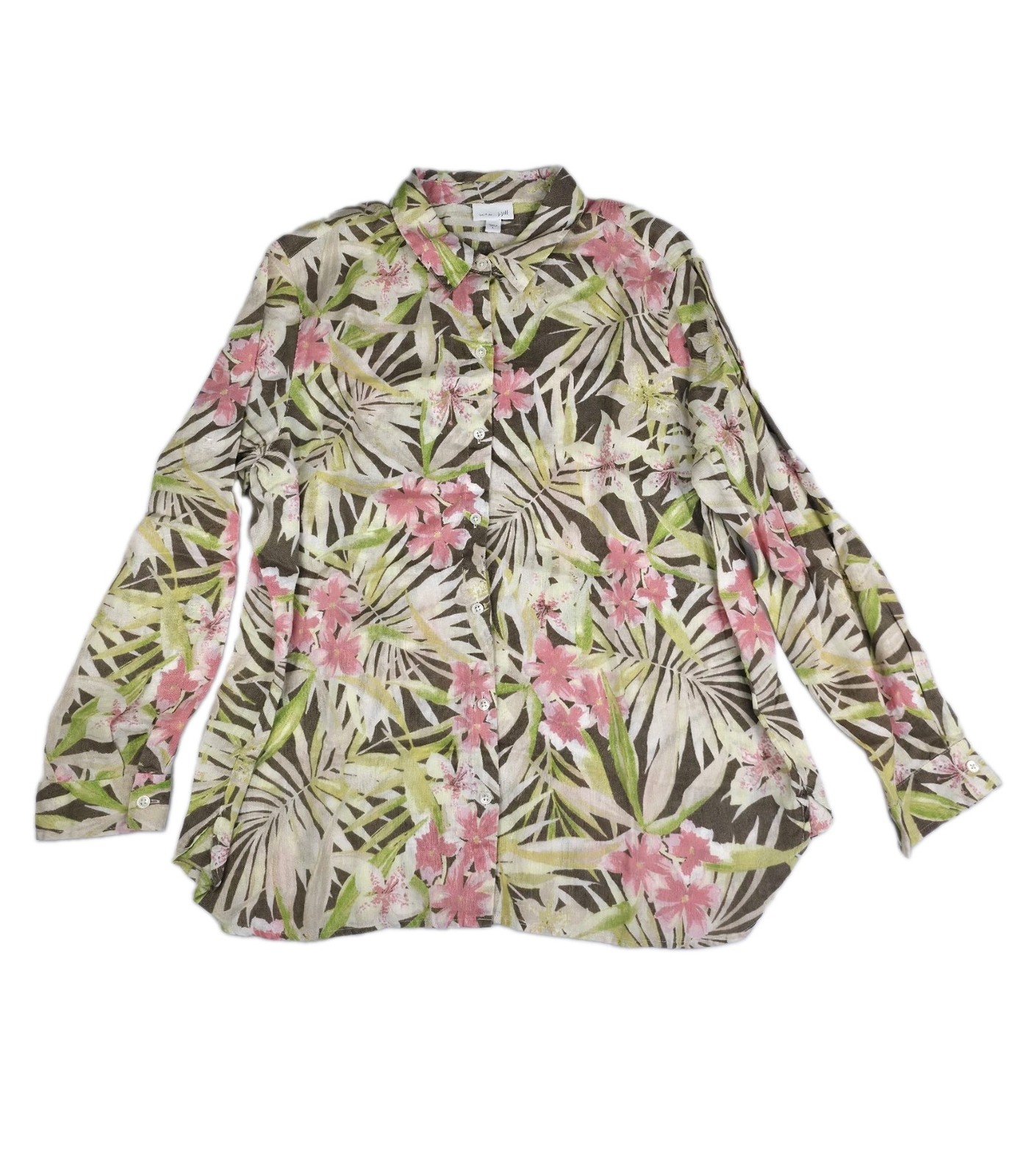 J.Jill Love Linen Top Womens Large Long Sleeve Tropical Floral Blouse Button Up J.Jill Love Linen Top Womens Large Long Sleeve Tropical Floral Blouse Button Up