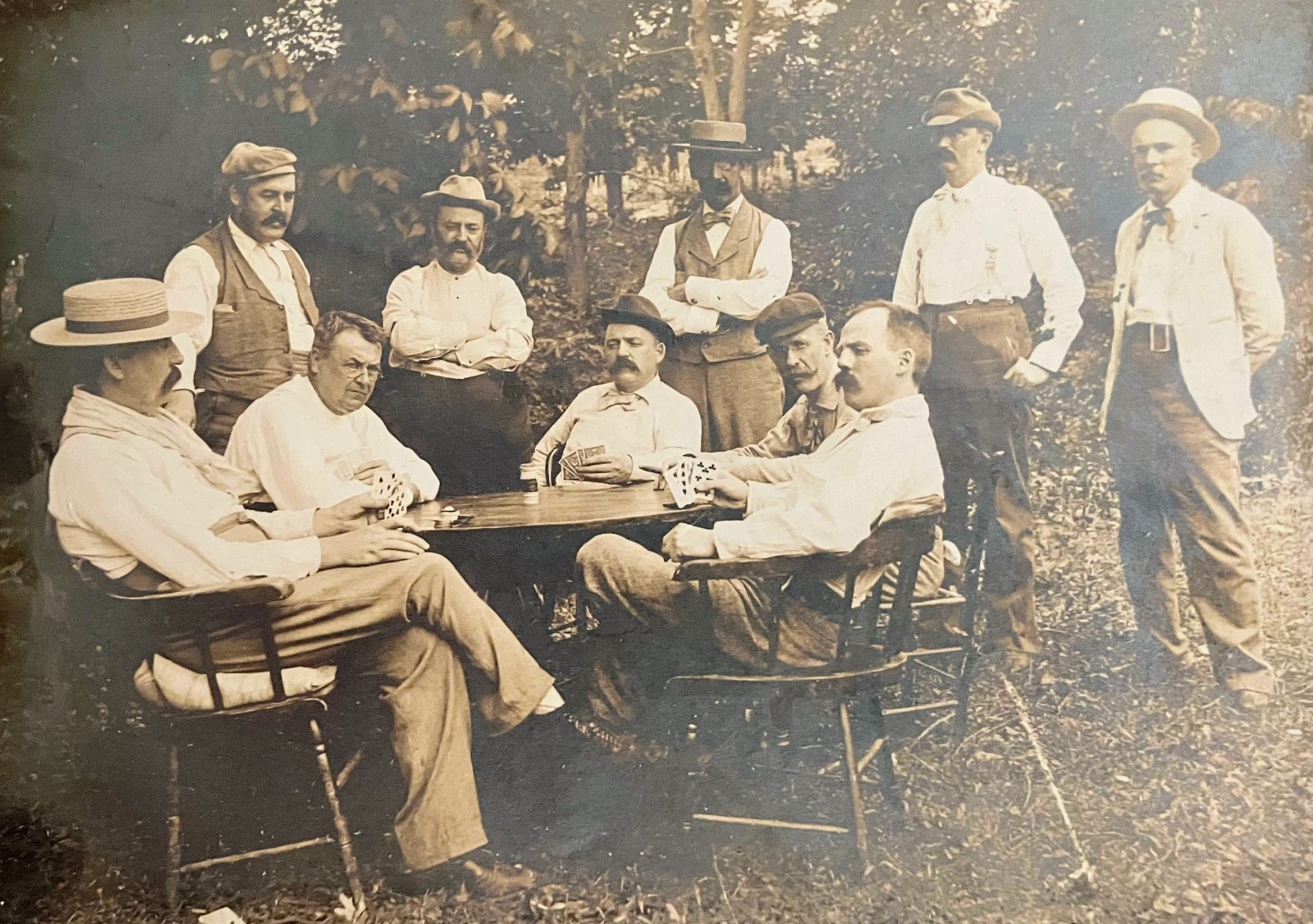 Antique Gelatin Silver Photograph of Men Playing Cards in an Outdoor Setting,