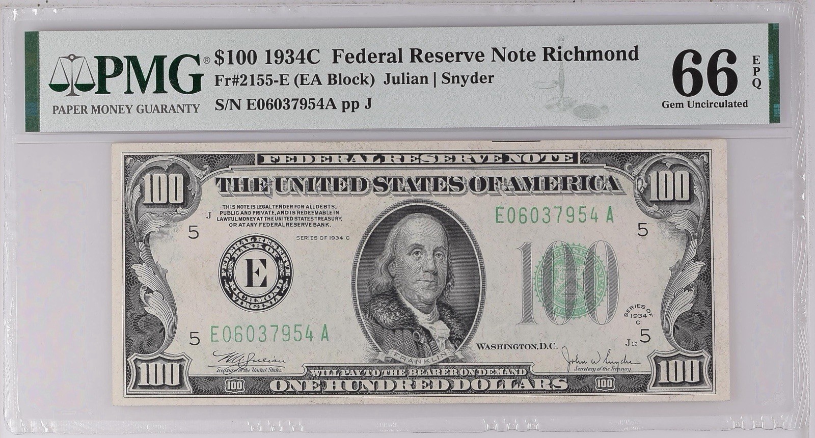1934C $100 Federal Reserve Note Richmond Fr. 2155-E PMG 66 EPQ - Finest Known 1934C $100 Federal Reserve Note Richmond Fr. 2155-E PMG 66 EPQ - Finest Known