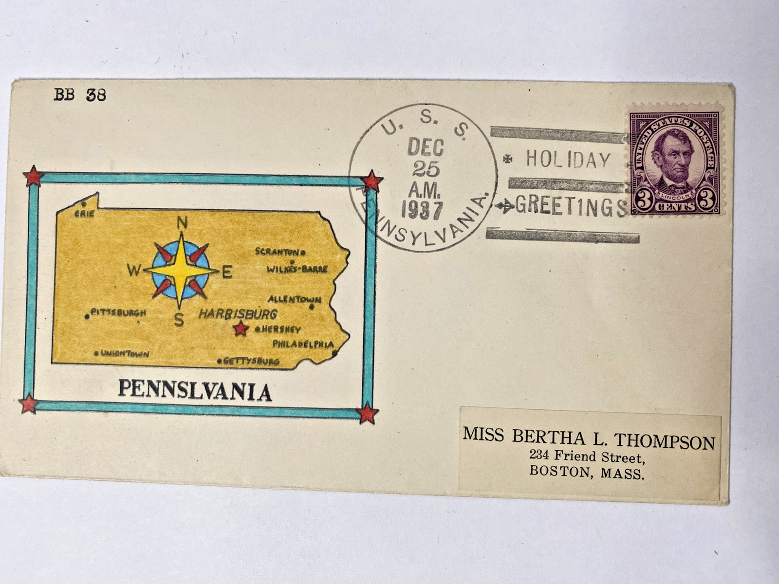Postcard Size Envelope Cachet  Battleship USS Pennsylvania Thanksgiving Day 1933