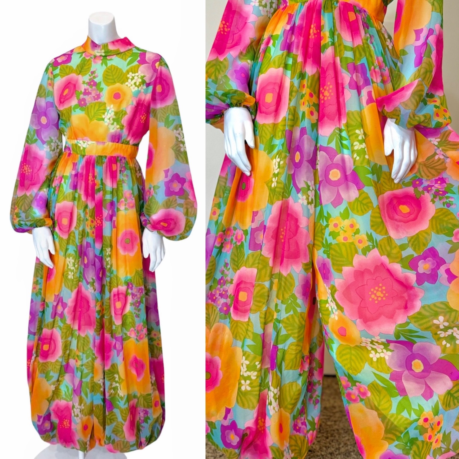 Vintage 60\'s PSYCHEDELIC FLORAL JUMPSUIT M Hostess Balloon Hippie Genie Caftan