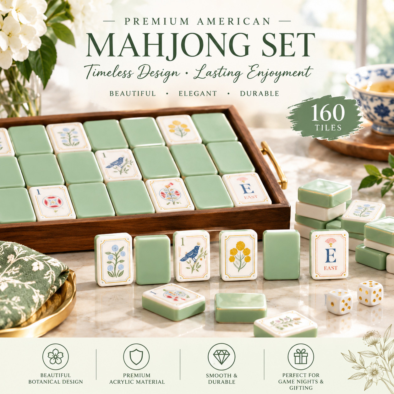 Premium Sage Green Botanical American Mahjong Set – 160 Tiles, Elegant Floral &