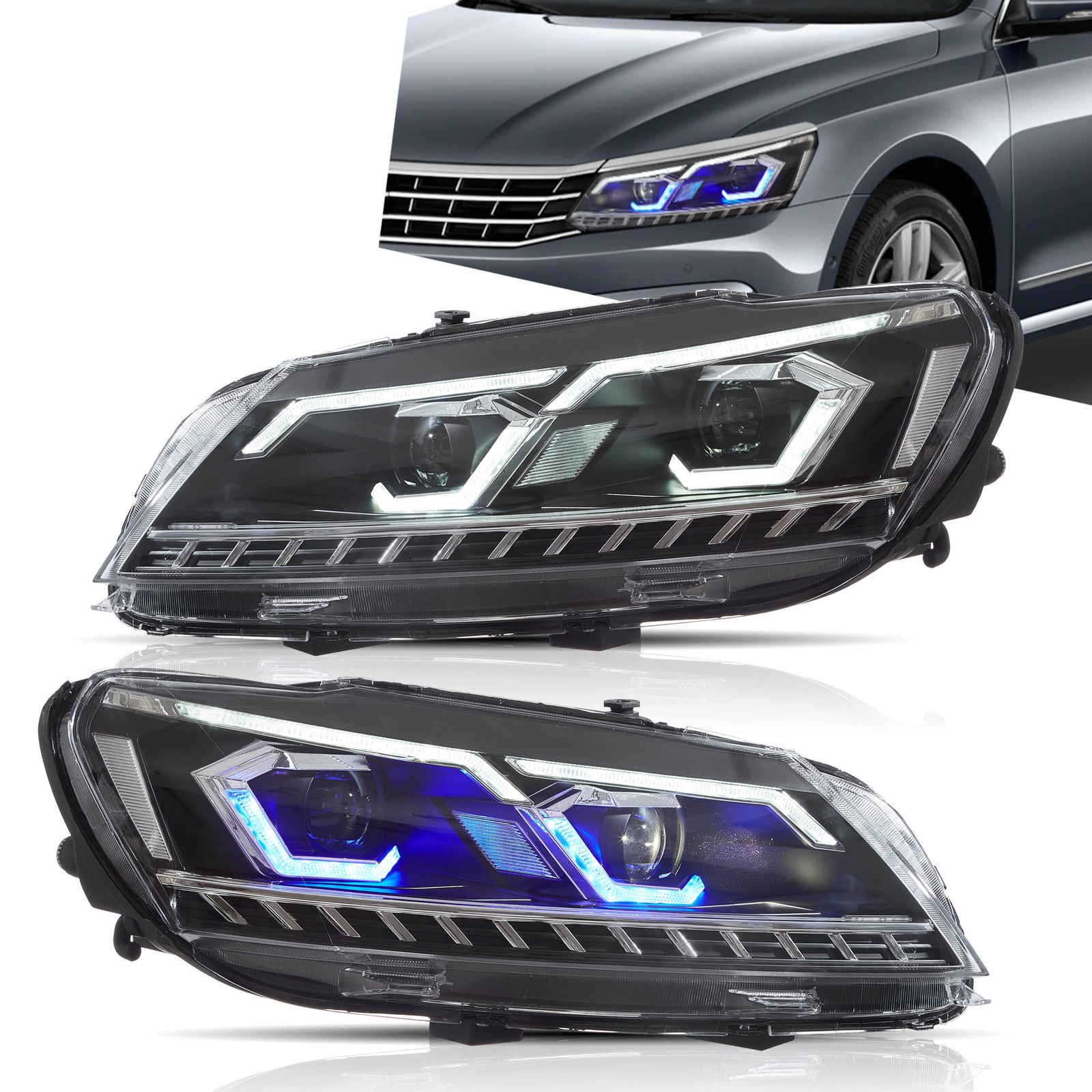 Pair LED Projector Headlights For 2011-15 VW Passat Factory Halogen Headlamps