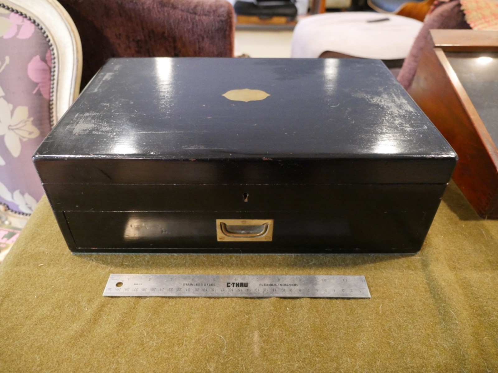 Large Black English Made Laquered Edwardian Collectors Cabinet – lockable box Large Black English Made Laquered Edwardian Collectors Cabinet – lockable box