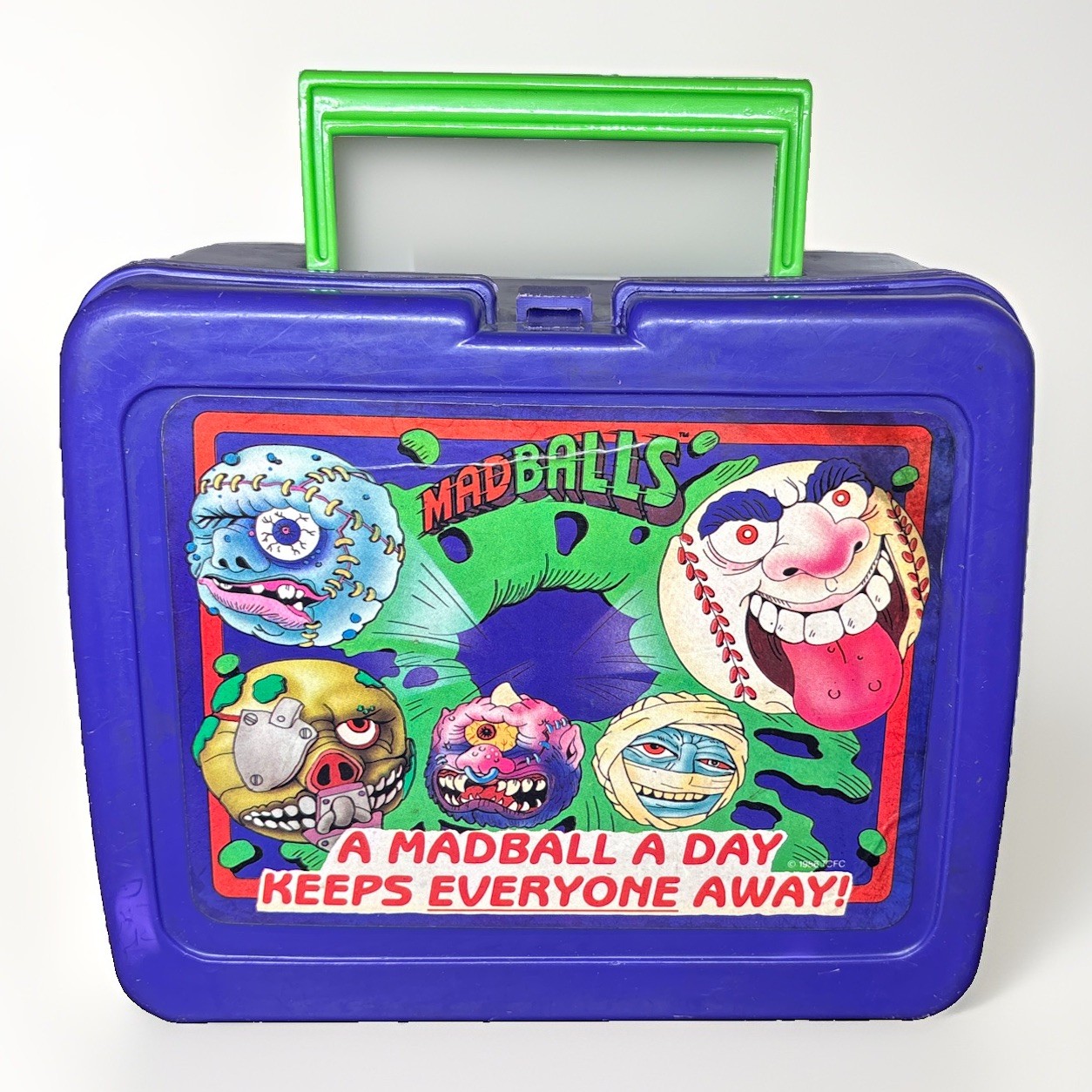 VTG 80’s Madballs Purple Plastic Lunchbox with Green Handle 1986 No Thermos VTG 80’s Madballs Purple Plastic Lunchbox with Green Handle 1986 No Thermos