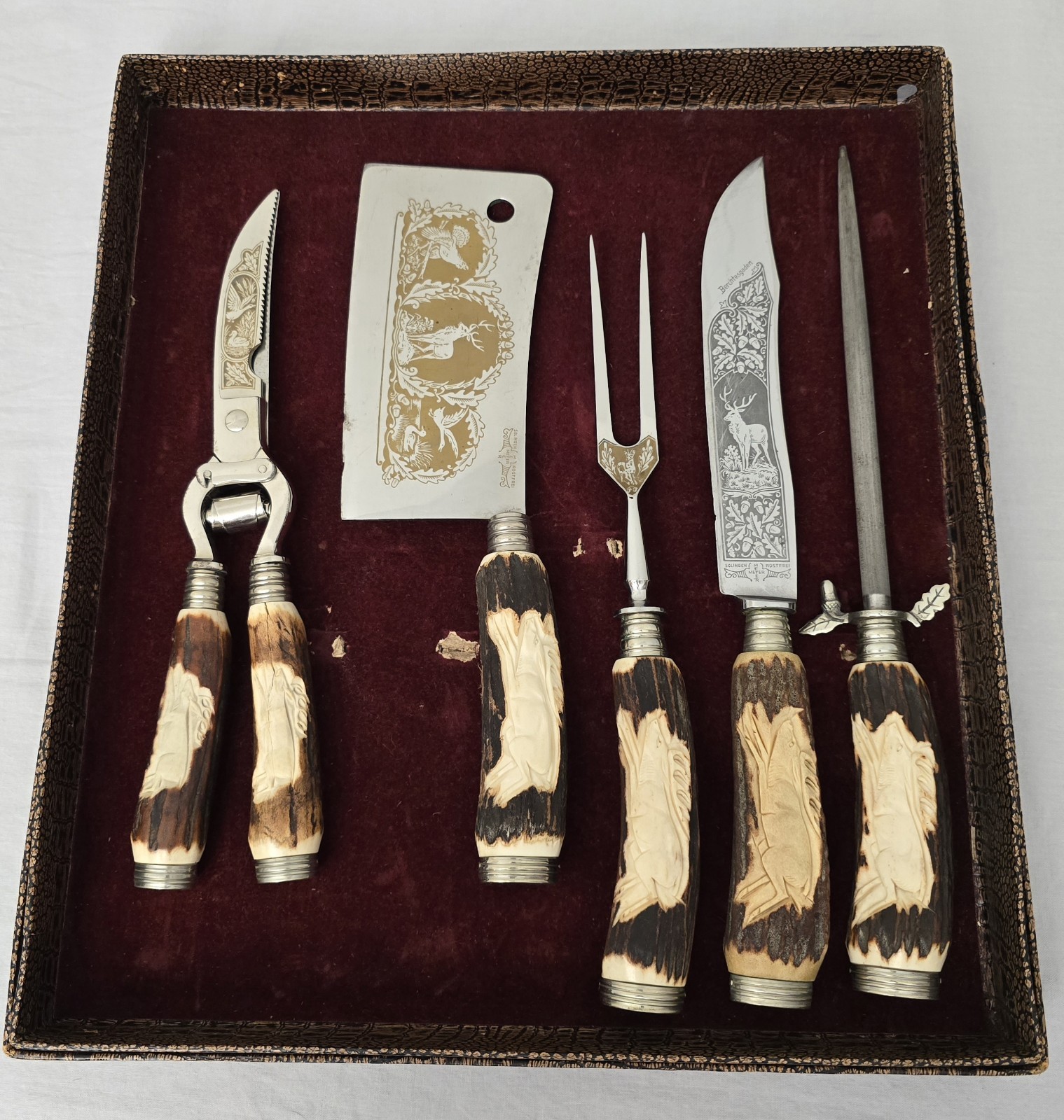 Vintage Solingen Germany 5 Piece Carving Set Stag Horn Antler Handles and Case