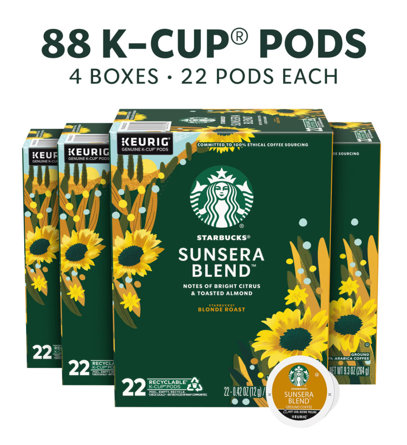 Starbucks Sunsera Blend K-Cup Coffee Pods 88ct Light Roast Blonde (4-22ct boxes)