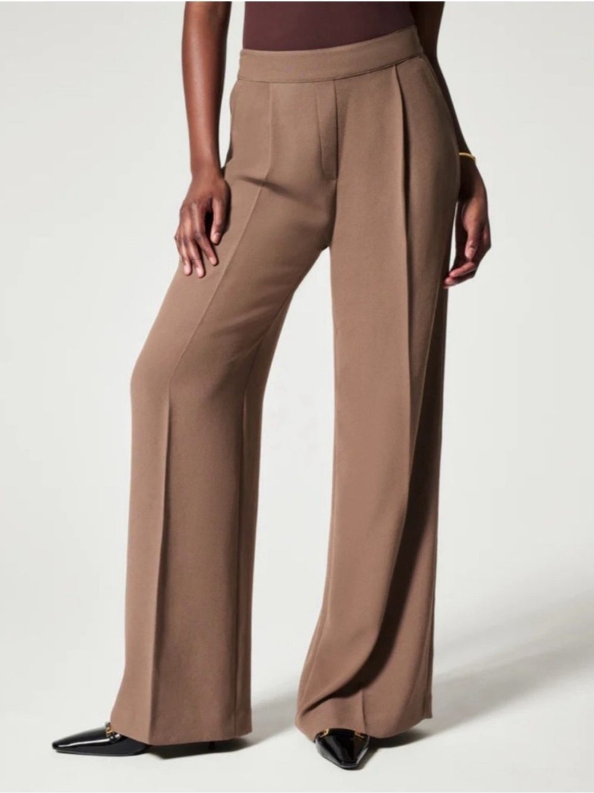 SPANX Carefree Crepe Pleated Wide Leg Trouser Cedar Brown Size S NWT