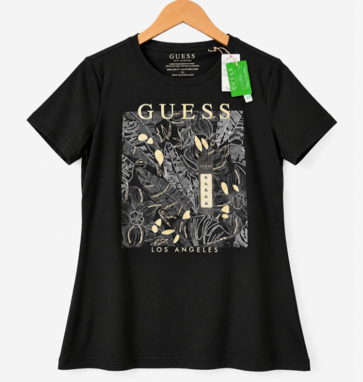 GUESS Women\'s Size XL Black Rhinestone Graphic T-Shirt Gold Floral Print NWT GUESS Women\'s Size XL Black Rhinestone Graphic T-Shirt Gold Floral Print NWT