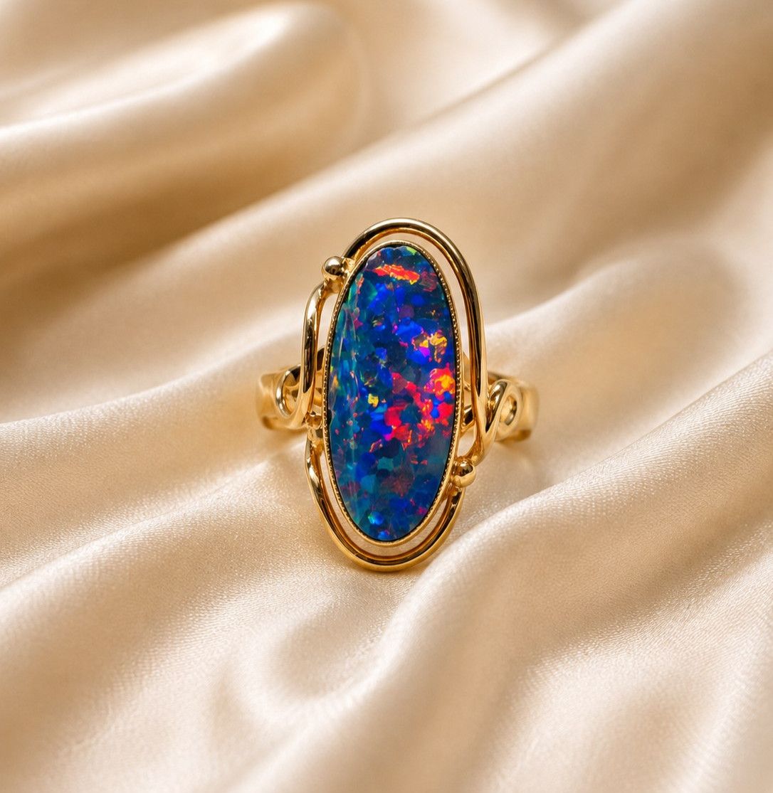 Vintage 9ct Yellow Gold Black Opal Triplet Bezel Ring Size 5.5, 22mm