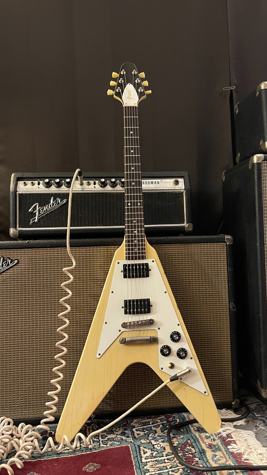 1979 Greco FV-600 Made in Japan Flying V Olympic White Original pickups, Updated