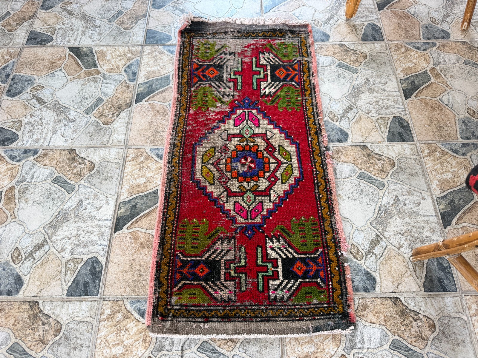 Distressed Vintage Red Turkish Small Rug 1.7x3.5 Handknotted Tribal Anatolian