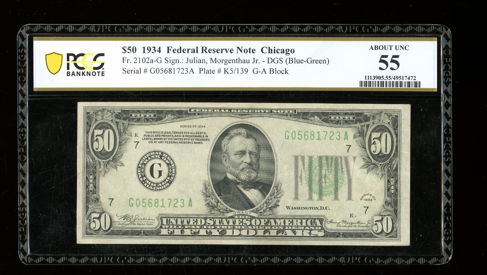 DBR 1934 $50 DGS FRN Chicago Fr. 2102-Gdgs PCGS-B 55 Serial G05681723A