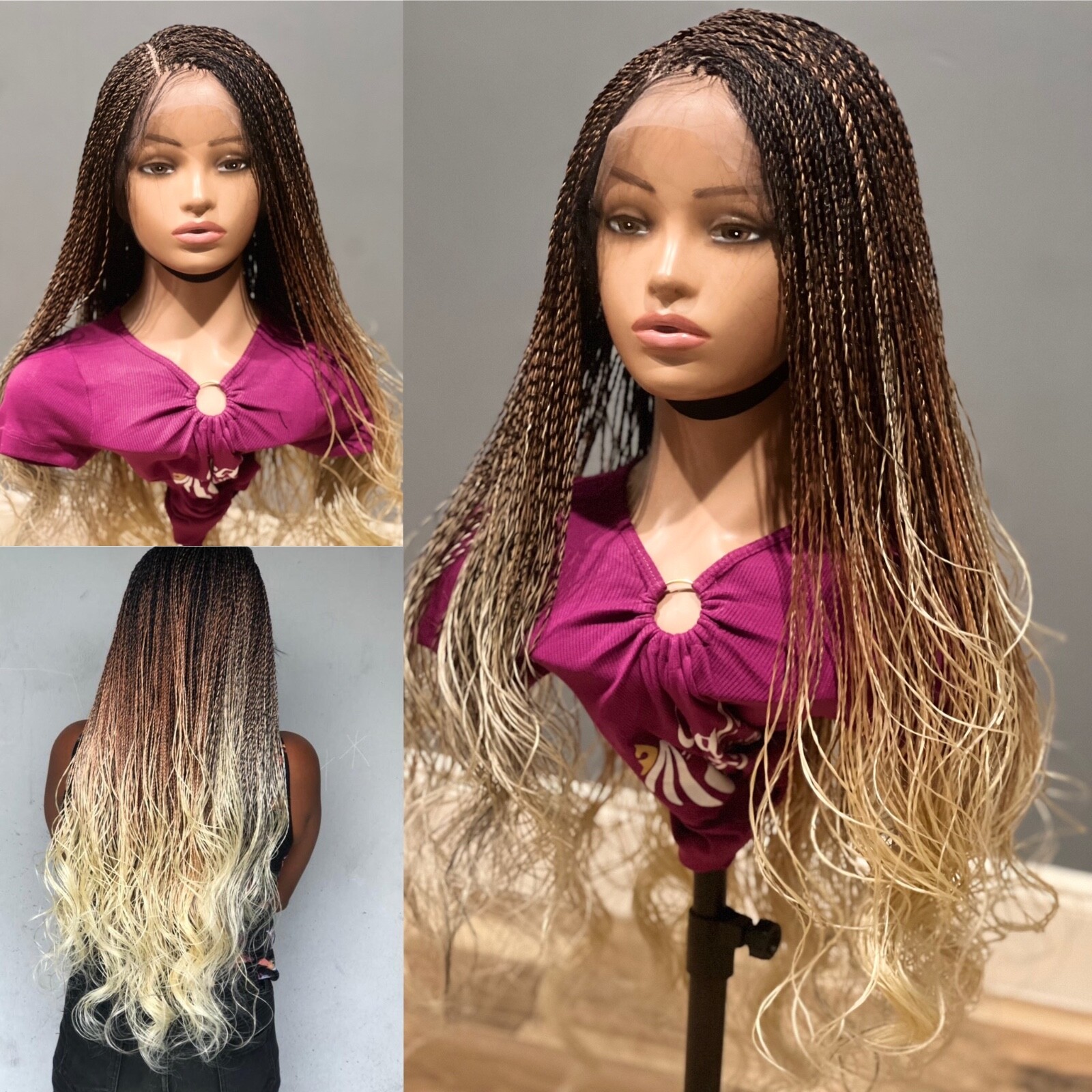 Braided wig:THREE TONE TWIST WIG. 26”long. Made on a full lace wig.