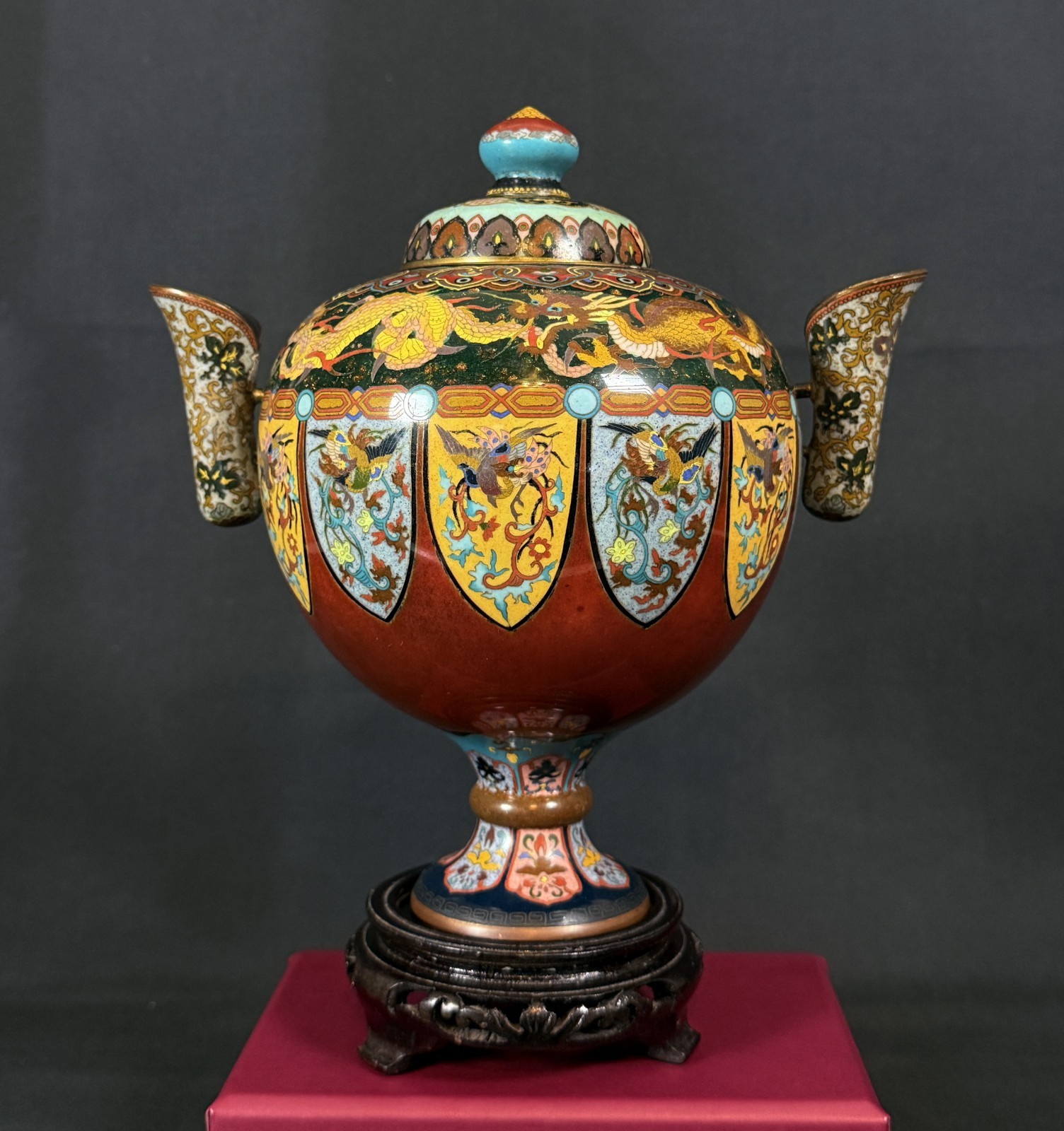 Antique Japanese Meiji Cloisonné Two-Handle Lidded Jar Dragons Phoenix 9”