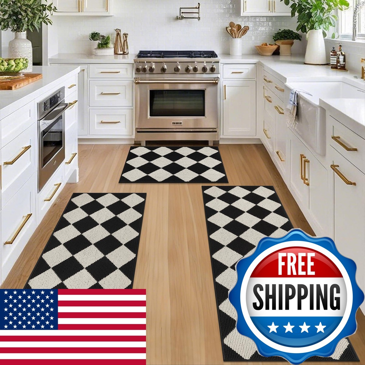 SHACOS 3Pcs Checkered Kitchen Mat Set Black and White