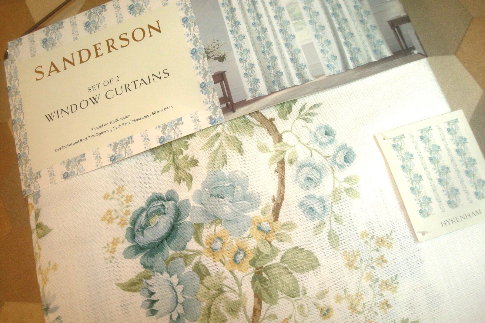 NWT Sanderson 2 pc Window Curtain Panels Hykenham Floral Aqua Blue Cotton 84\