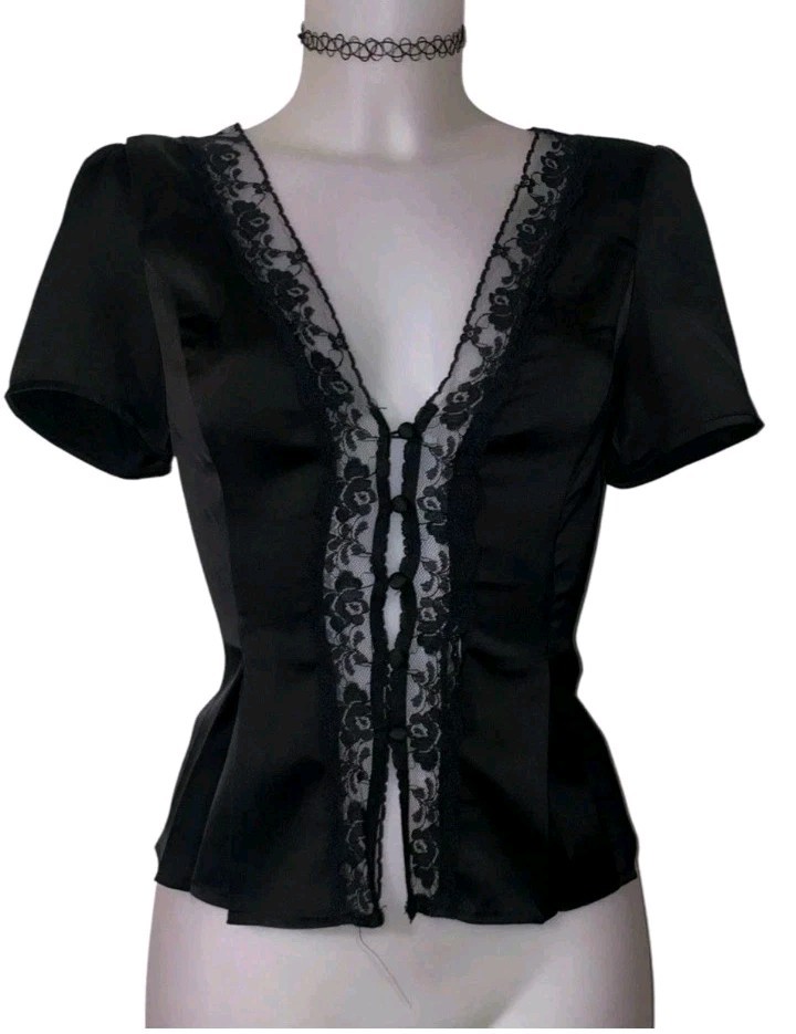 Y2k 90s Womens Victorian Black Mesh Lace Satin Top Sz S/M Whimsigoth Coquette Y2k 90s Womens Victorian Black Mesh Lace Satin Top Sz S/M Whimsigoth Coquette