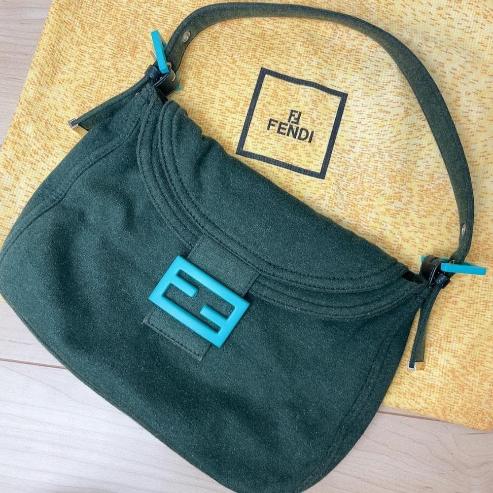 FENDI Mamma Baguette Jersey Shoulder Bag Green Turquoise FF Buckle Vintage Japan FENDI Mamma Baguette Jersey Shoulder Bag Green Turquoise FF Buckle Vintage Japan