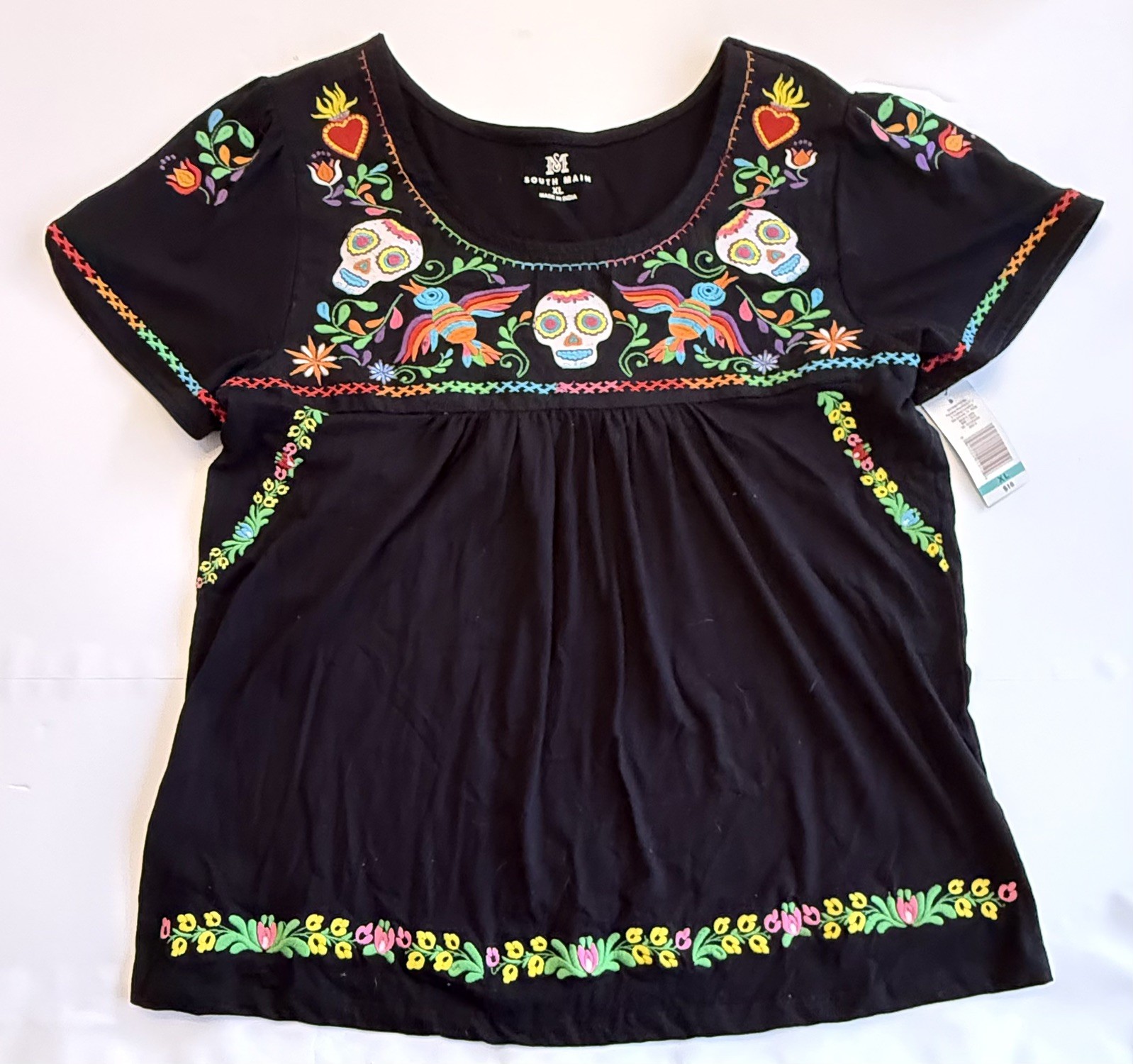South Main XL Embroidered Blouse SUGAR SKULLS / DAY OF THE DEAD Black Cotton NWT