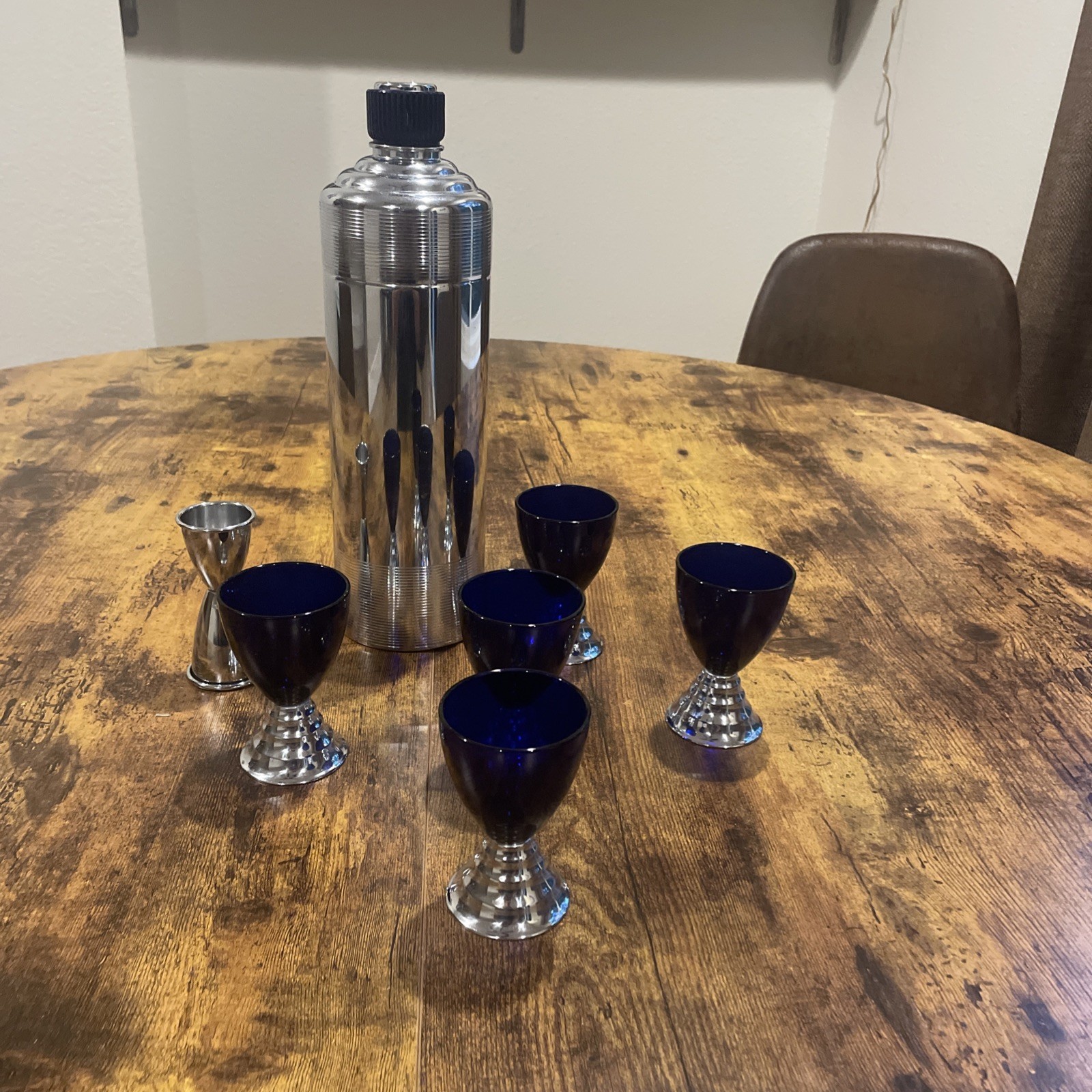 Vintage Chase Blue Doric Art Deco Cocktail Shaker Set Cobalt Glasses Jigger Vintage Chase Blue Doric Art Deco Cocktail Shaker Set Cobalt Glasses Jigger
