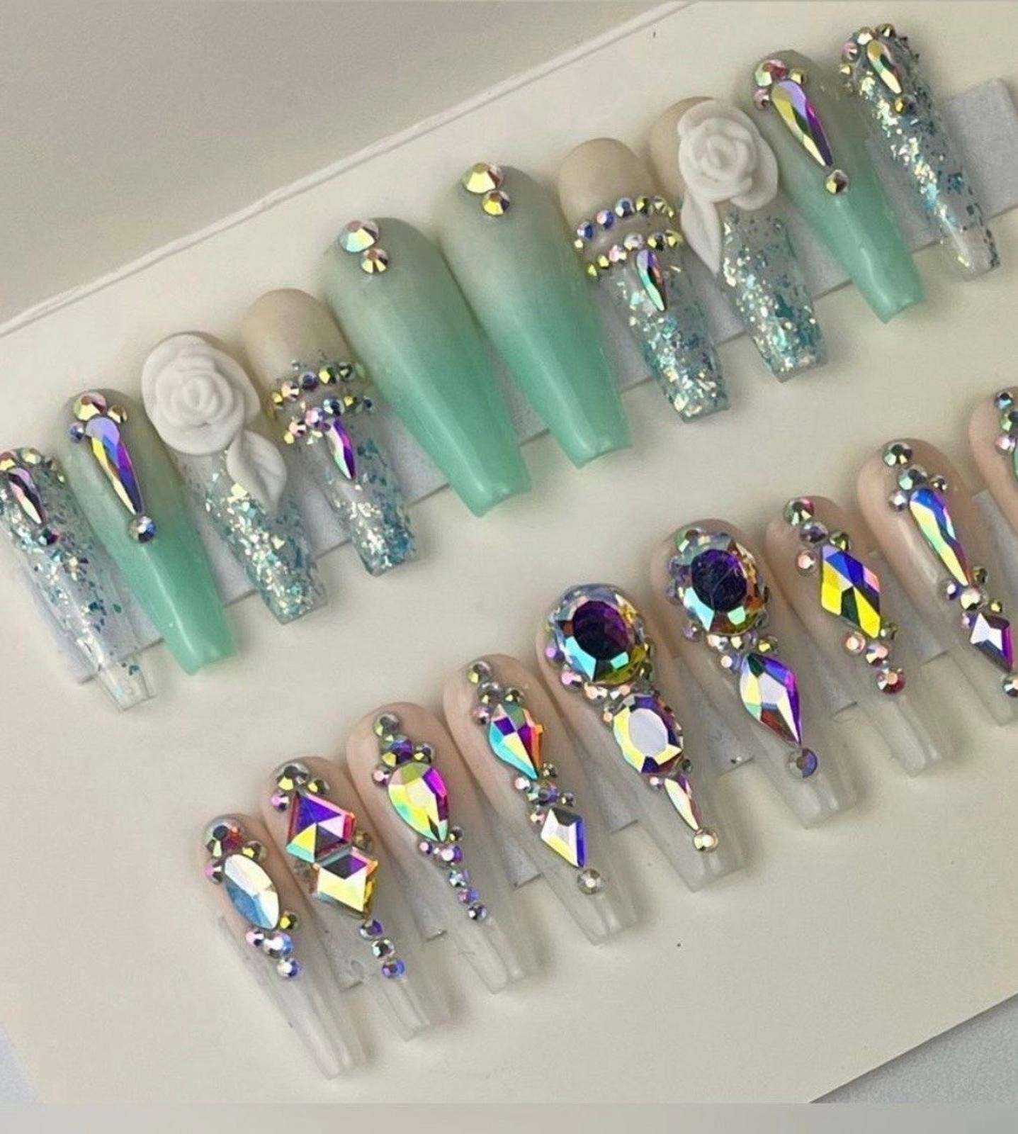 Long coffin press on nails rhinestones acrylic flowers glitter ombré nude custom