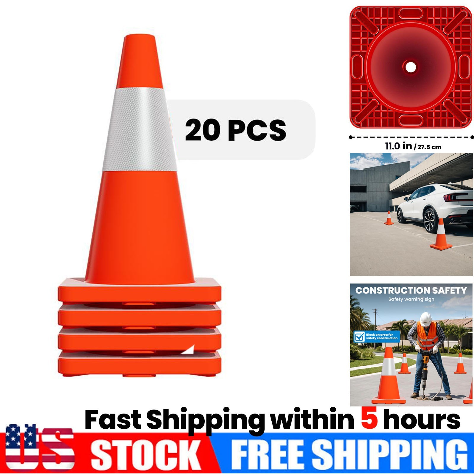 20/40/60 Pcs PVC Traffic Cones Safety Road Parking Cones w/Reflective Collar 18\