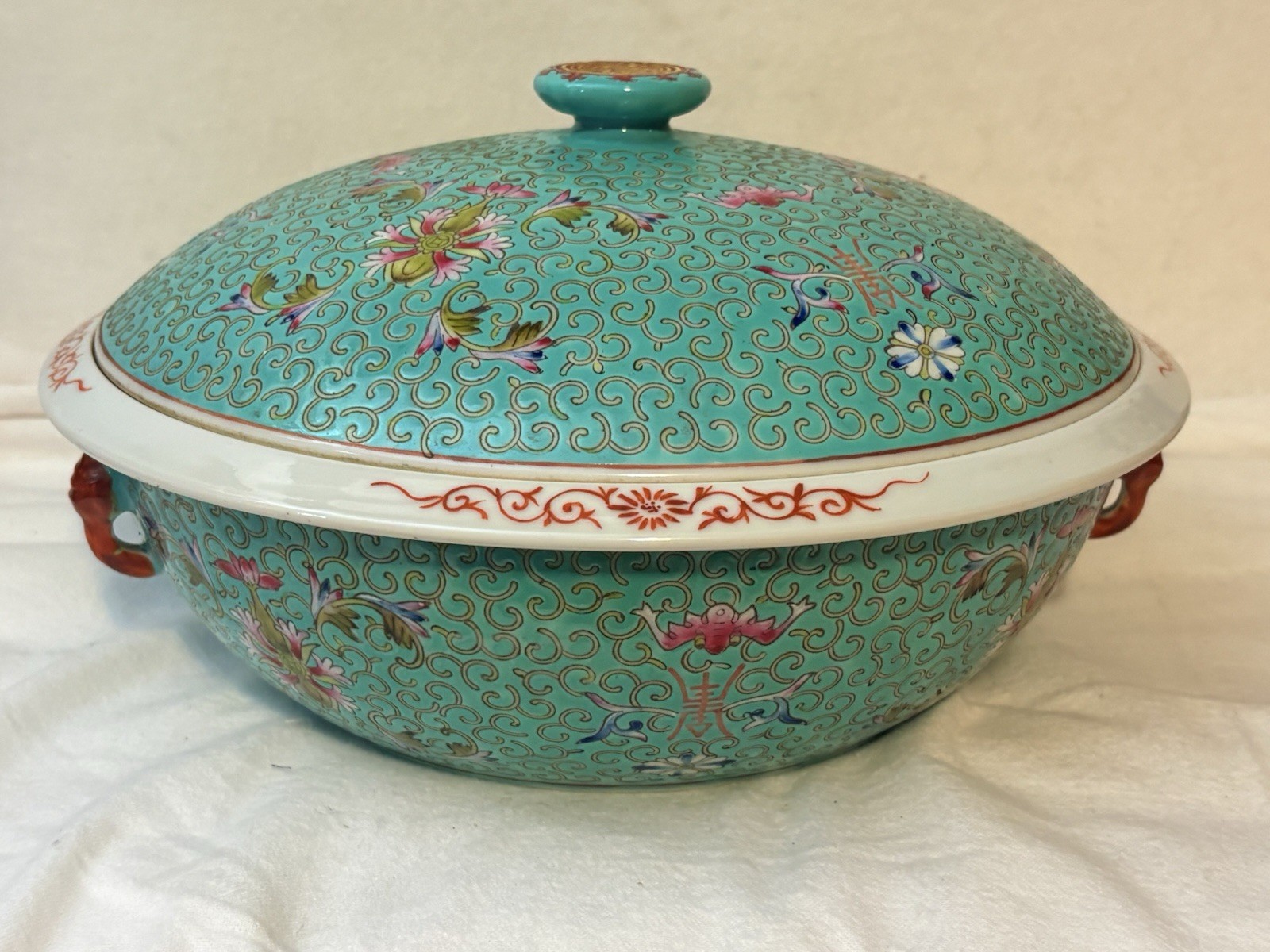 Vtg Chinese Jingdezhen Famille Rose Turquoise Tureen Covered Casserole Bowl 10”