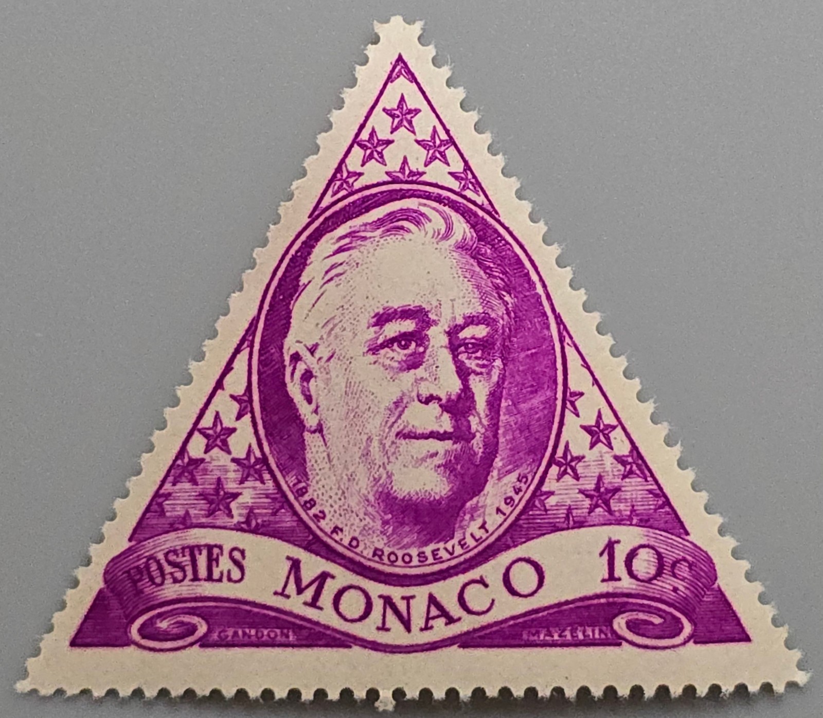 1946 Monaco 10c Franklin D Roosevelt FDR Triangular Stamp MLH
