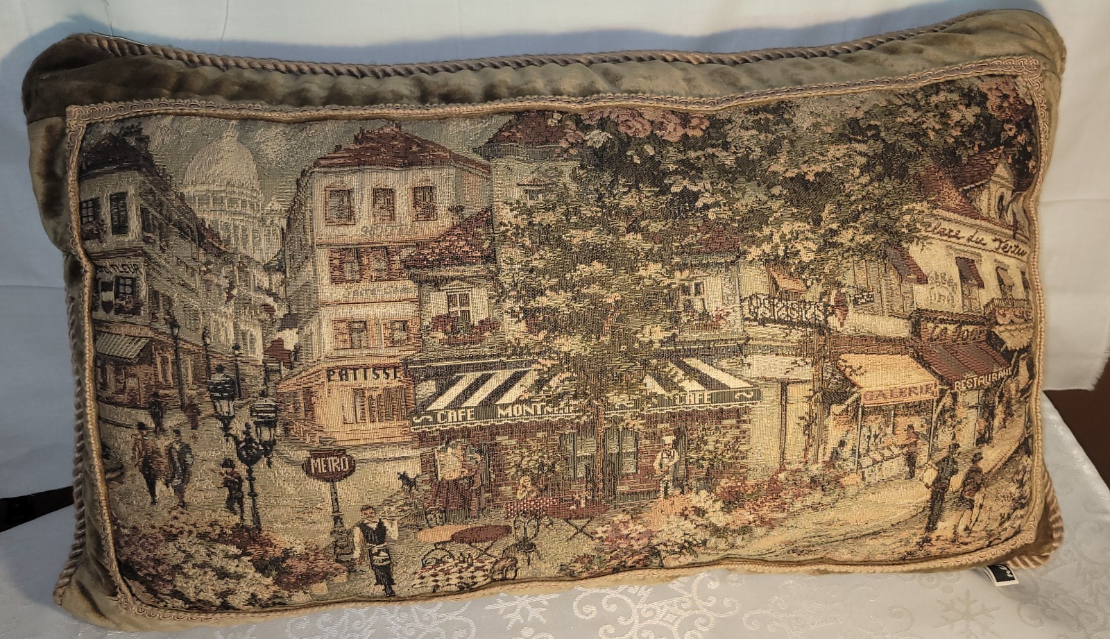 Vintage French Jaquard Woven Taperstry Throw Pillow Feature Parisian Street Cafe