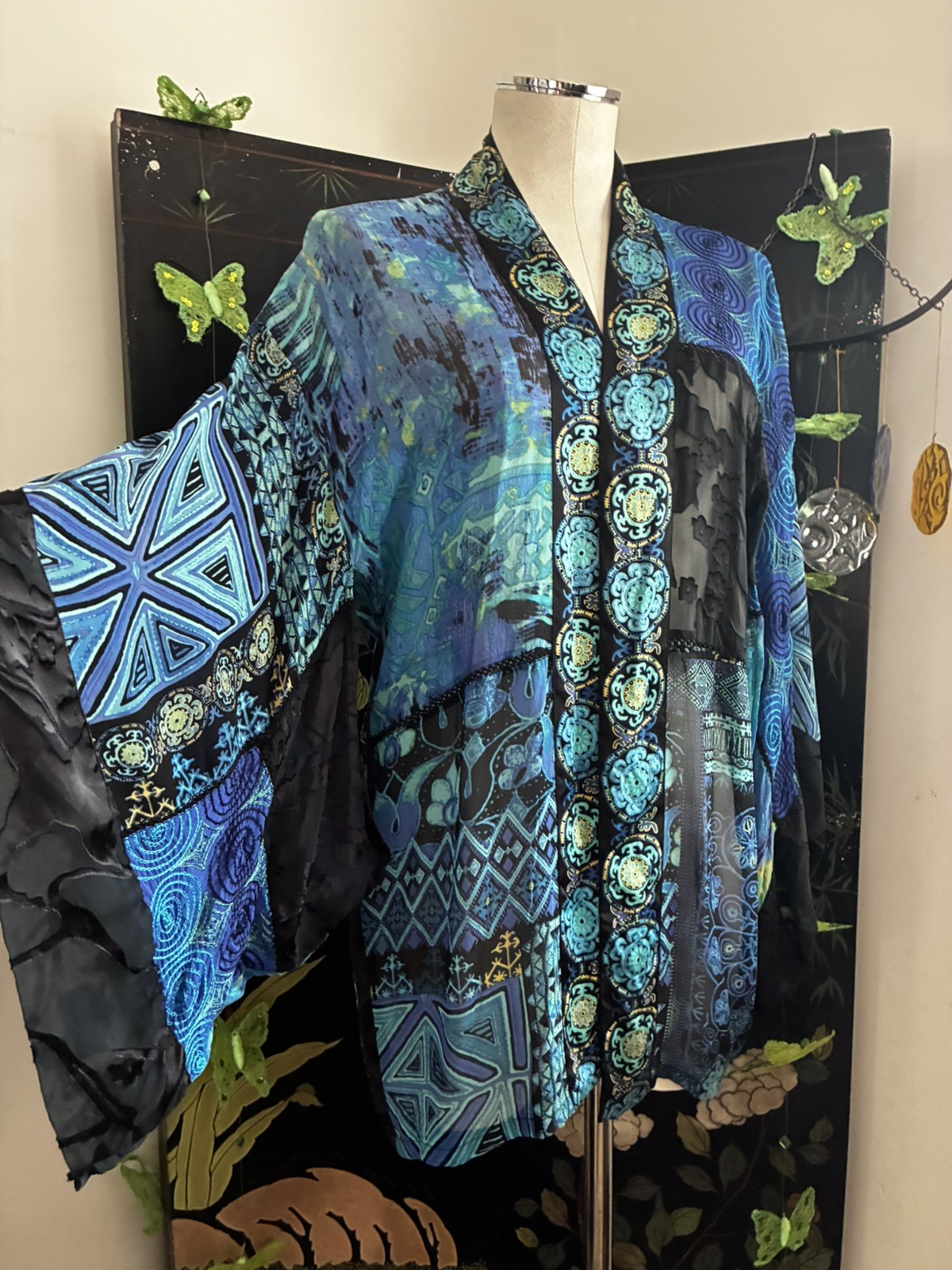 CHICO\'S RARE OPEN-FRONT ARTSY KIMONO TUNIC TOPPER JEWEL COLORS SIZE S-M-L EUC
