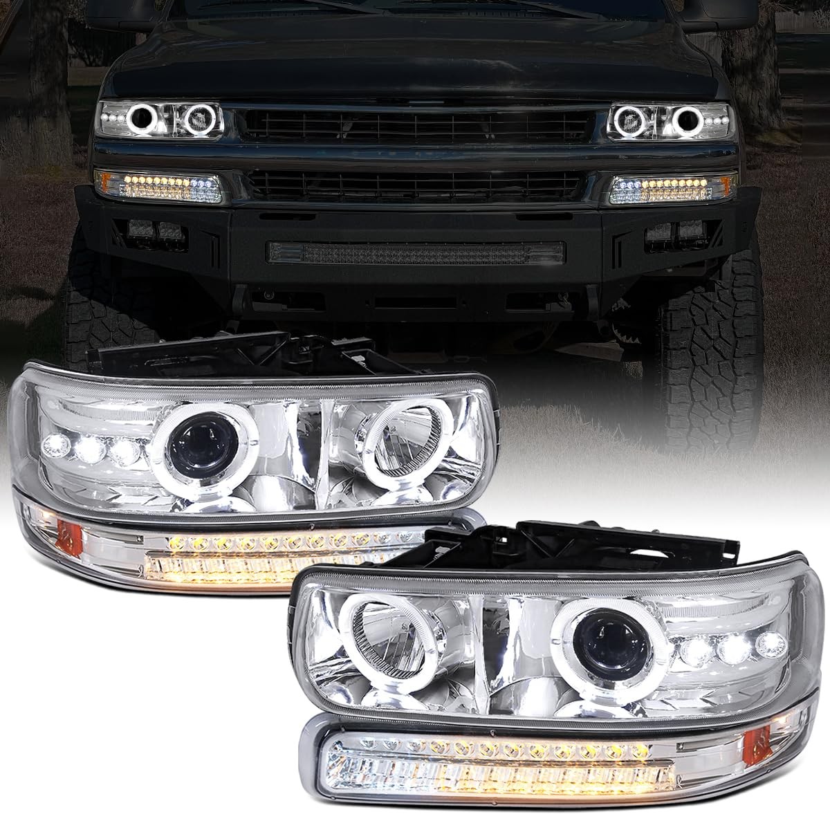 - Fits 1999-2002 Chevy Silverado Projector Headlights +Bumper Lights