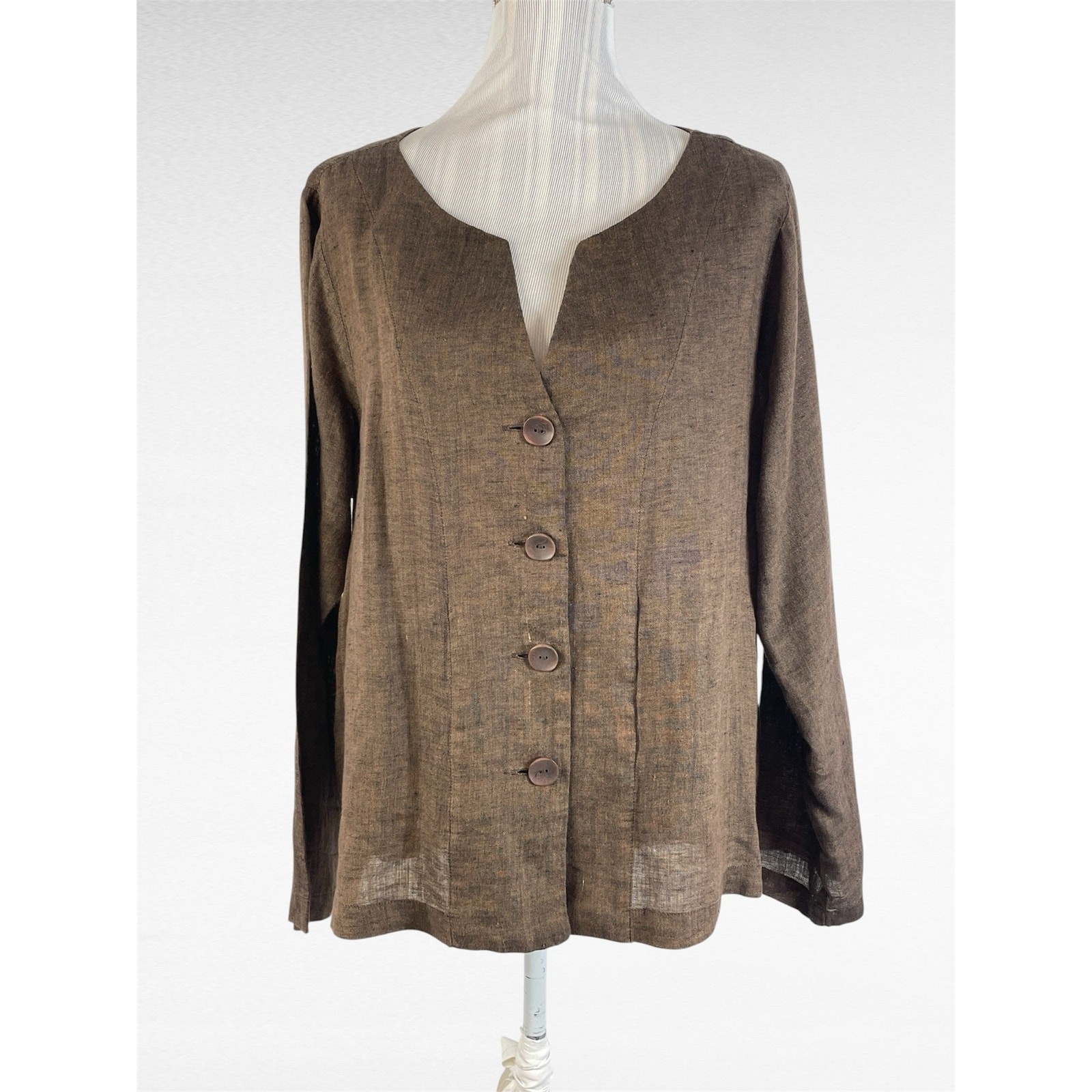 Flax Brown Button Front Long Sleeve Boxy Lagenlook Shirt Top Size Medium Flax Brown Button Front Long Sleeve Boxy Lagenlook Shirt Top Size Medium