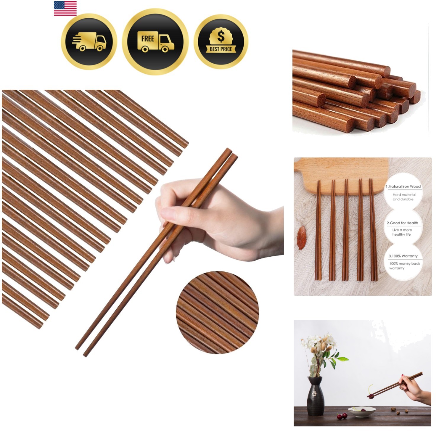 Elegant Reusable Wooden Chopsticks - 10 Pairs, Dishwasher Safe, Eco-Friendly Elegant Reusable Wooden Chopsticks - 10 Pairs, Dishwasher Safe, Eco-Friendly