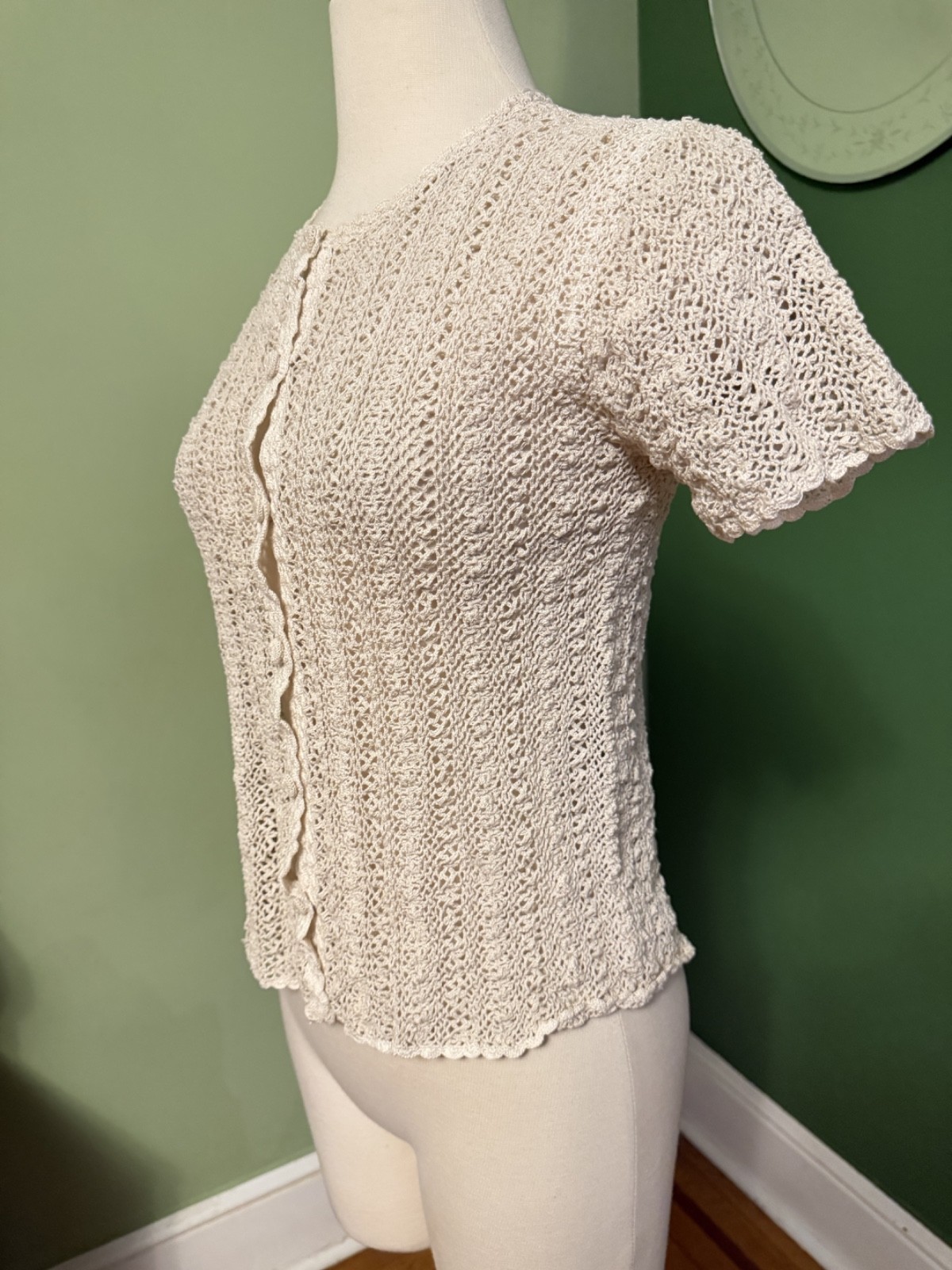 Vtg Hand Knit Natural Ecru white 100% cotton short sleeve Crochet cardigan S Vtg Hand Knit Natural Ecru white 100% cotton short sleeve Crochet cardigan S