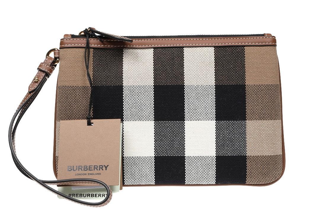 NEW BURBERRY TAUPE BROWN CHECK CANVAS COTTON WRISTLET POUCH BAG