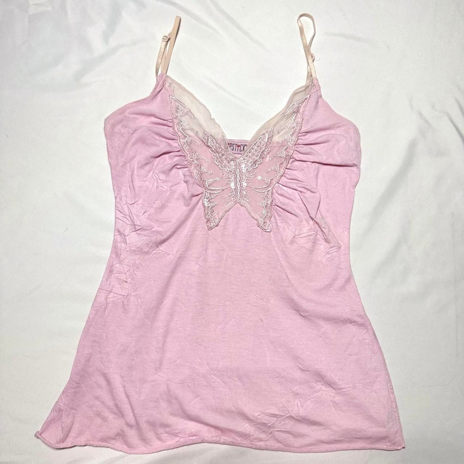 VTG Y2K Lace Butterfly Baby Pink Crinkle Texture Lipstick Cami VTG Y2K Lace Butterfly Baby Pink Crinkle Texture Lipstick Cami