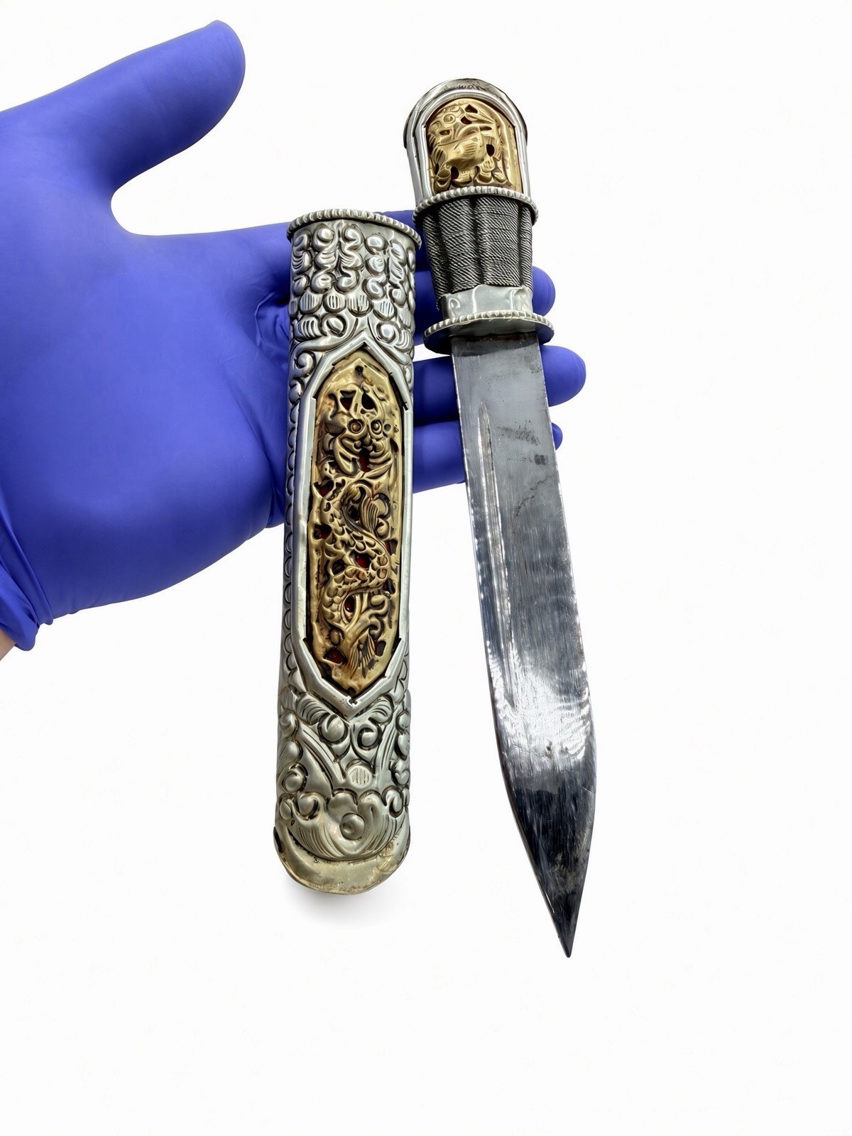 Vintage Or Antique Silver Dragon Dagger Knife & Sheath 145g Vintage Acid Tested