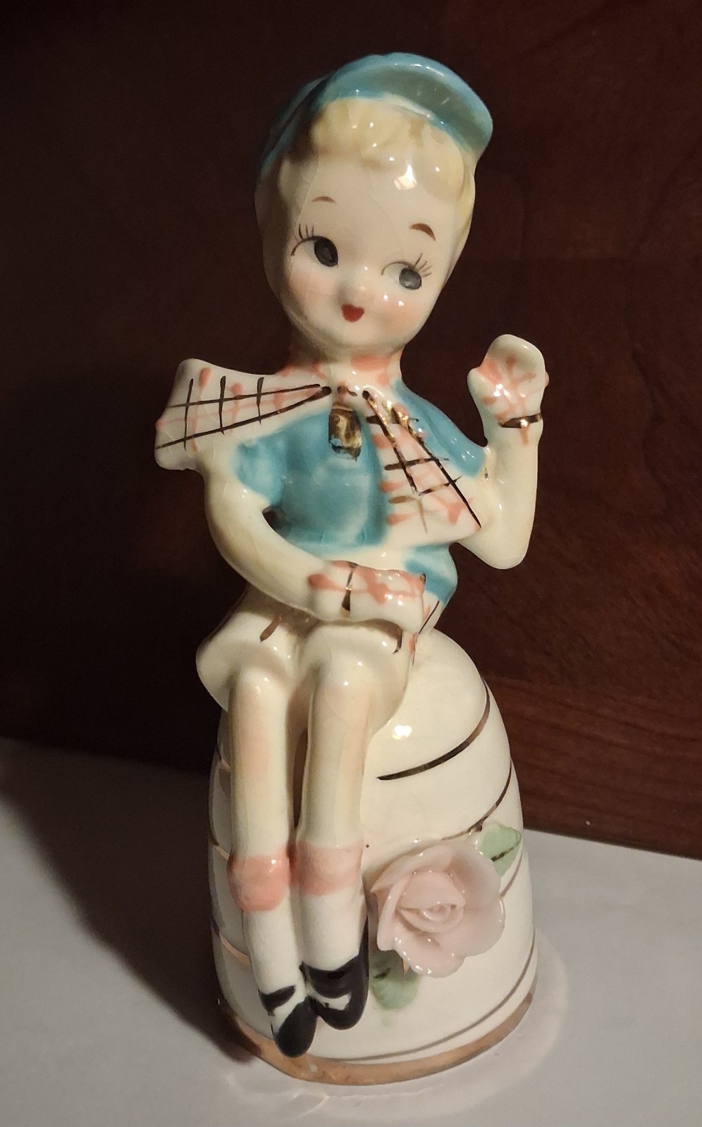 Vintage Bloomer Girl Figurine Ceramic Japan 1950s Mid Century Kitsch Pink Rose 