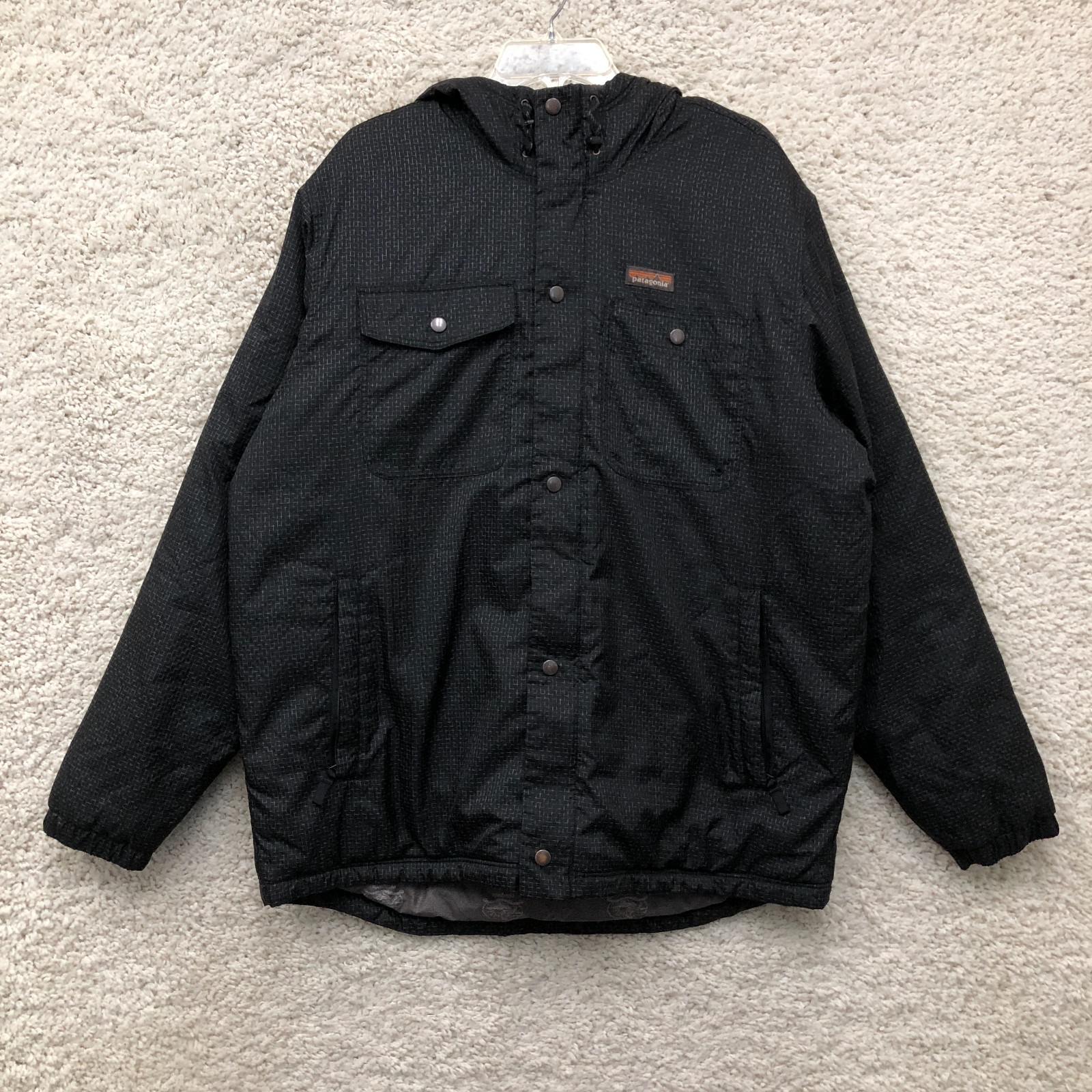 Patagonia Jacket Large Adult Black Steel Forge Puffer Hooded Full Zip Snap Mens
